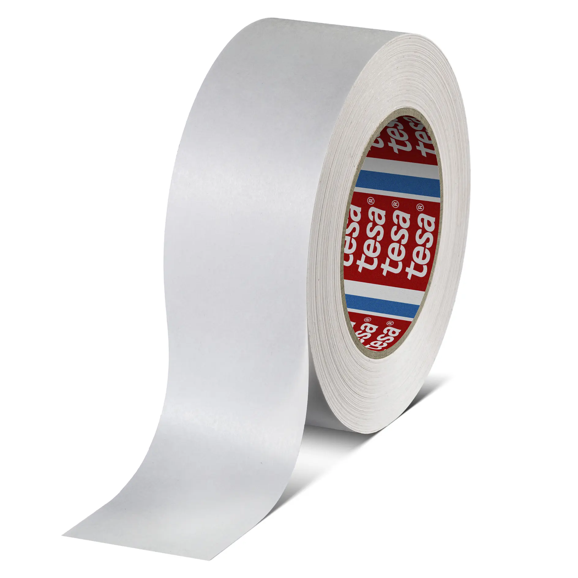 roll of white tesa adhesive tape with a partially unrolled strip on a white background (This text has been generated by AI)
