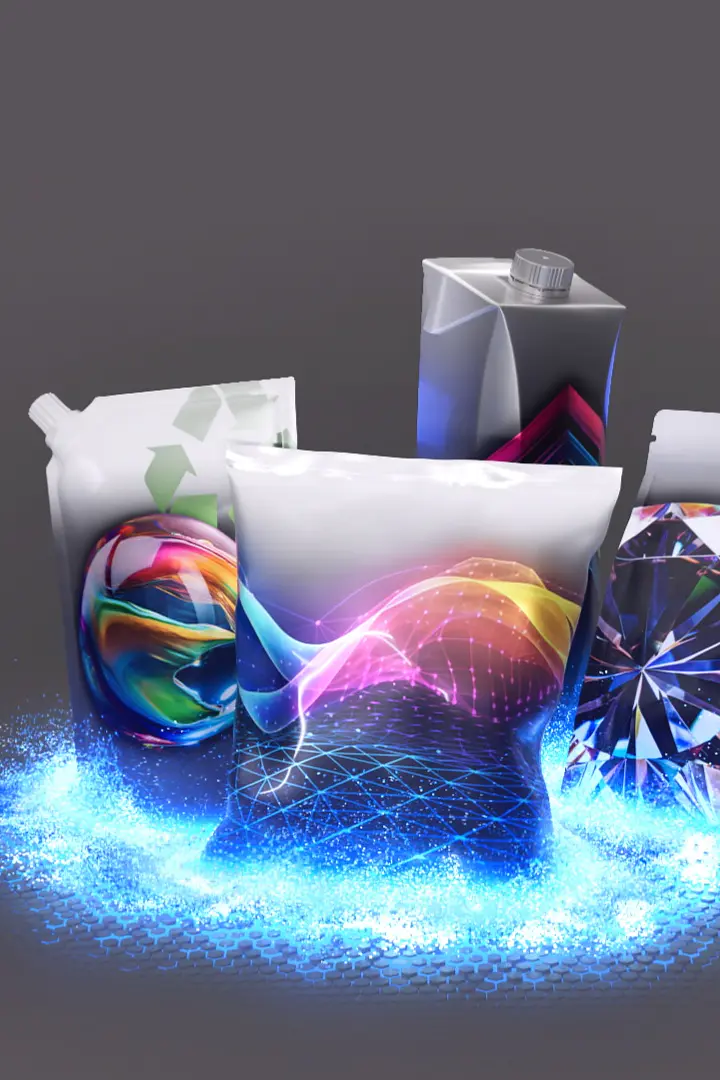 A collection of packaging designs on a dark background, featuring vibrant, colorful wave and geometric patterns. The packages are surrounded by a glowing blue aura, creating an eye-catching effect, using tesa tape to enhance the presentation. (This text has been generated by AI)