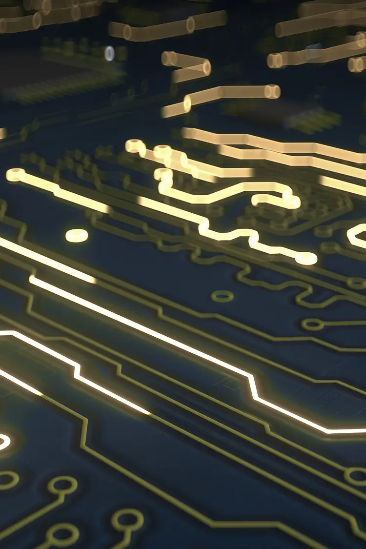 蓝色电路。计算机科学或电子概念。浅DOF的三维渲染插图