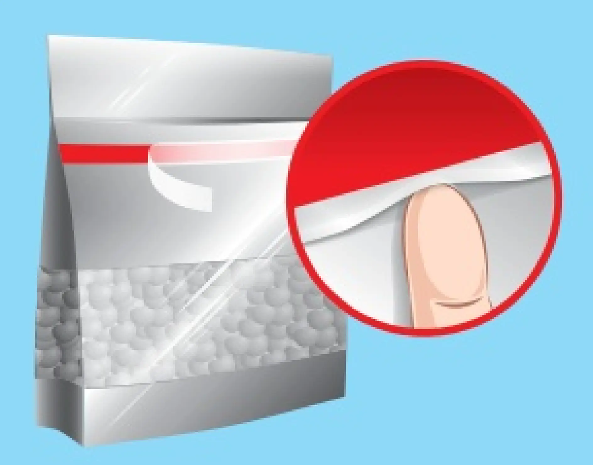 Illustration of a resealable plastic bag with a red and white seal. A finger peels back the tesa tape adhesive strip in a close-up inset, demonstrating the sealing process. The bag contains small, round items and is set against a light blue background.