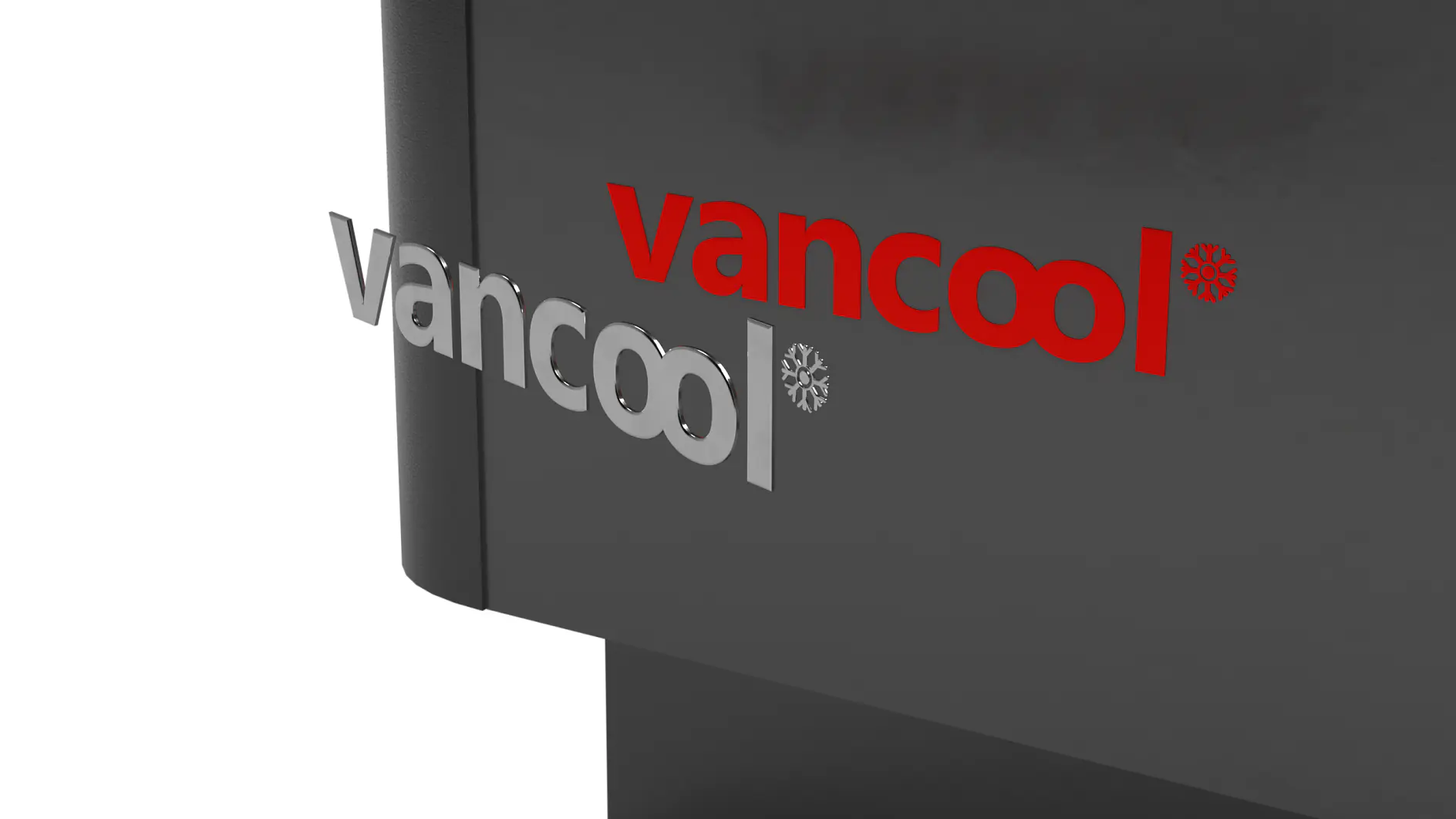 特写镜头展示一个黑色表面，左侧有“vancool”一词的大型金属字母。右侧同样的词以较小的红色字母出现。两个雪花符号位于字母附近。 (This text has been generated by AI)