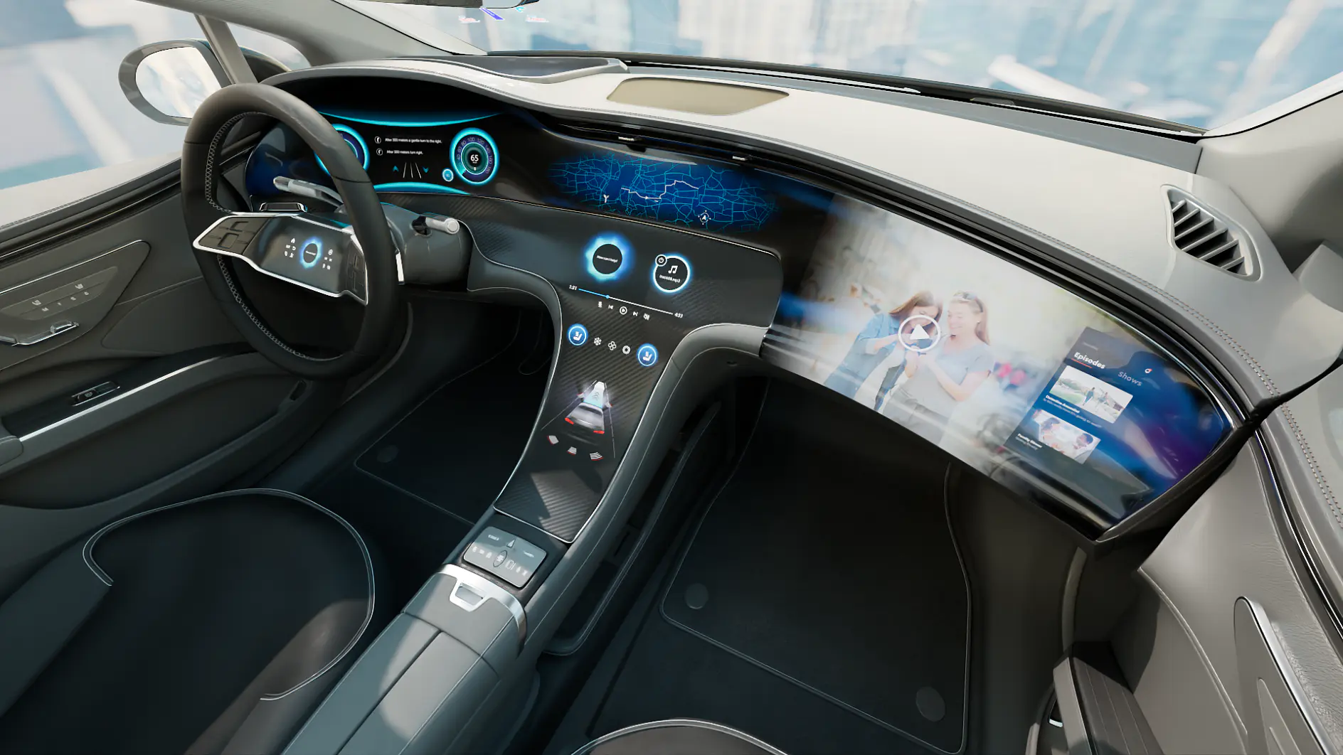 Futuristic car interior featuring a digital dashboard with two large screens displaying various controls and images. The steering wheel has built-in digital controls, and the cockpit design is sleek and modern.