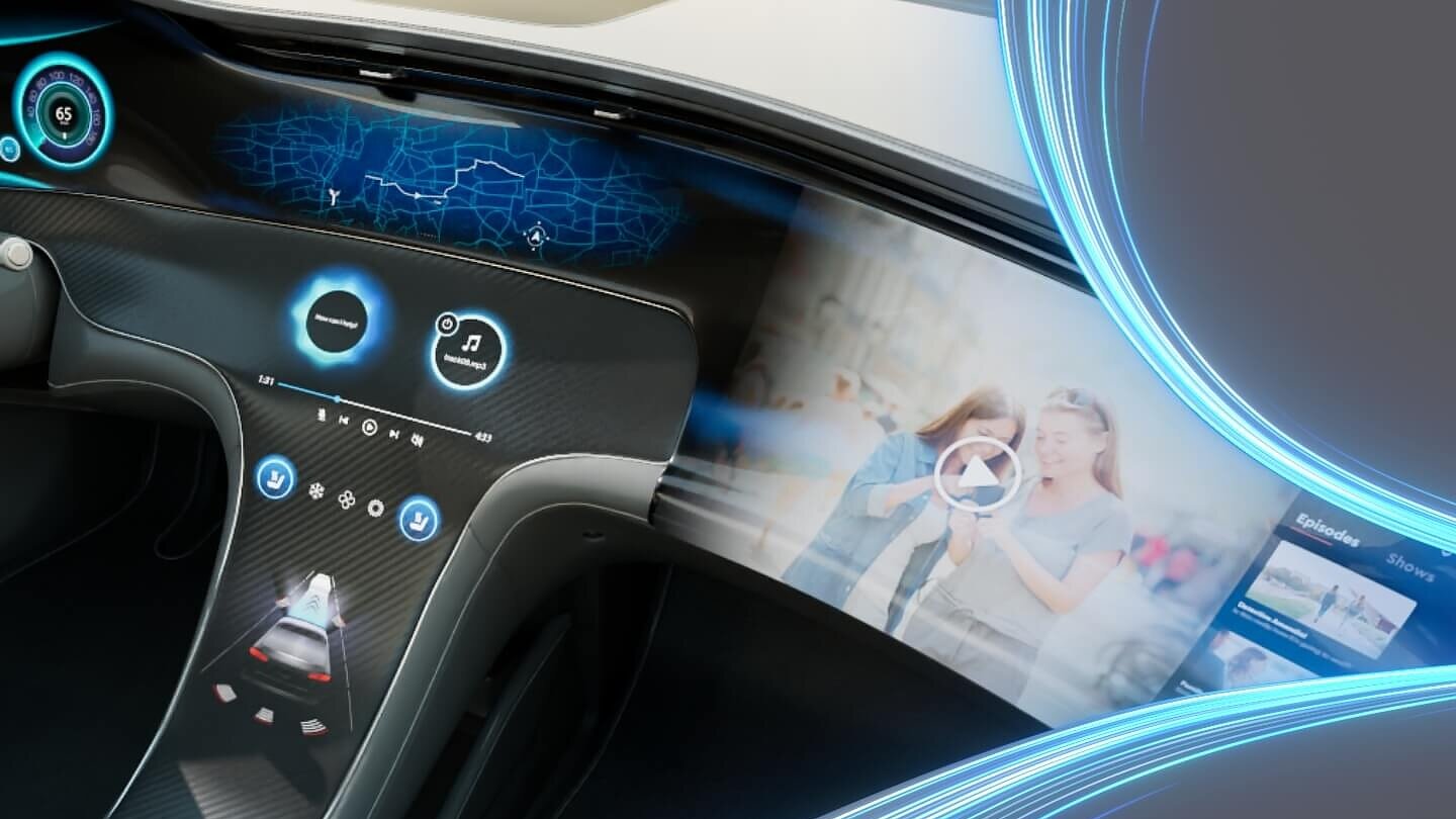 Futuristic car interior featuring a central console with digital controls, a display showing navigation maps, and a screen on the passenger side displaying media content, including a paused video of two people. Blue LED accents highlight the design. Connections are secured using tesa tape to ensure durability and finish without visible seams or edges. (This text has been generated by AI)