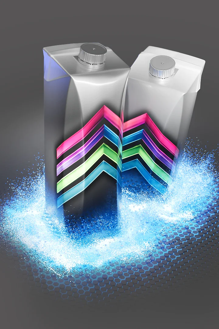 Two metallic cartons with caps are shown on a gray background. They have colorful, zigzagging stripes in pink, blue, and green. A blue, glowing aura surrounds the bases of the cartons, creating a dynamic visual effect. (This text has been generated by AI)