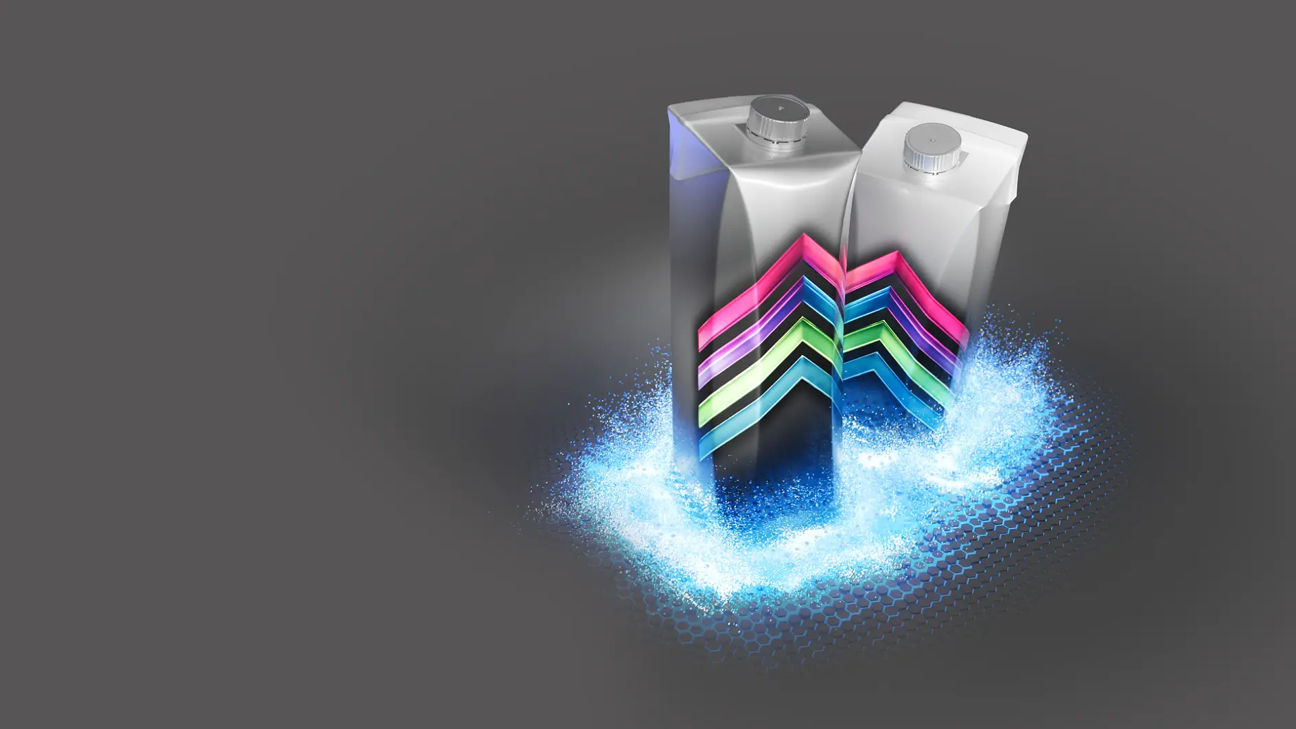 Two metallic cartons with caps are shown on a gray background. They have colorful, zigzagging stripes in pink, blue, and green. A blue, glowing aura surrounds the bases of the cartons, creating a dynamic visual effect.