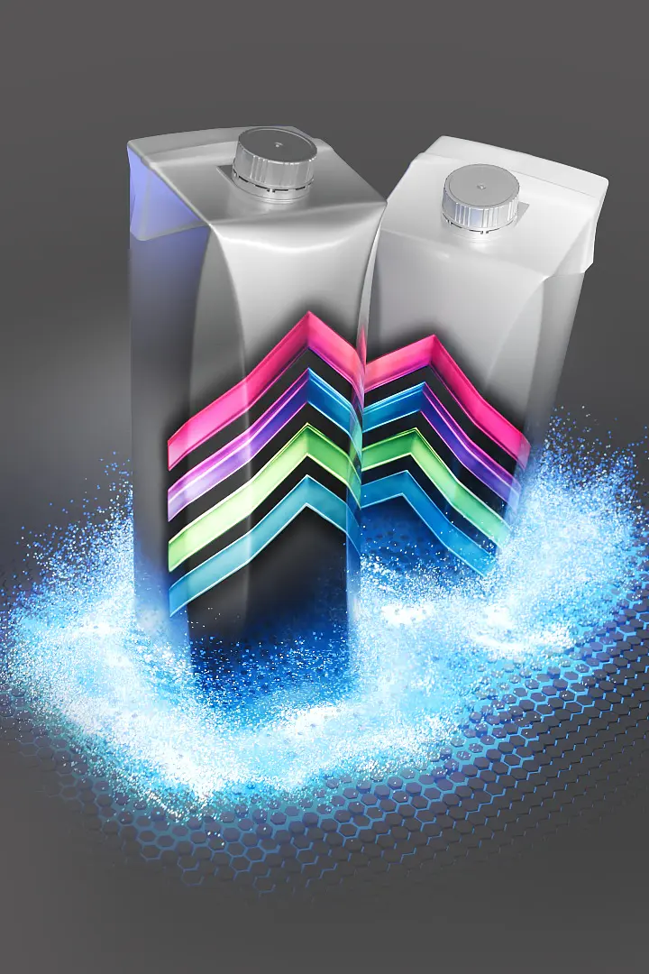 Two metallic cartons with caps are shown on a gray background. They have colorful, zigzagging stripes in pink, blue, and green. A blue, glowing aura surrounds the bases of the cartons, creating a dynamic visual effect. (This text has been generated by AI)