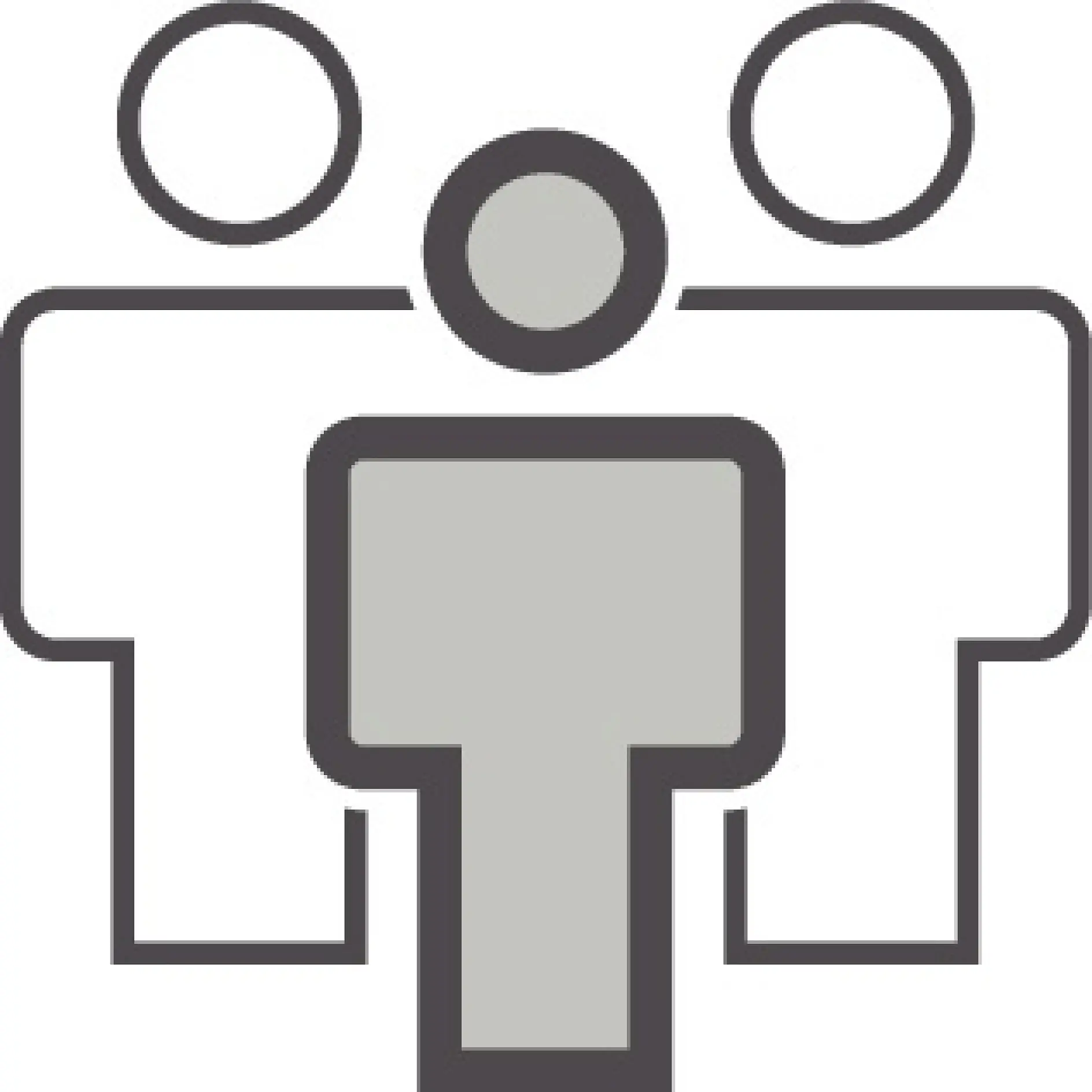 Abstract geometric illustration depicting three stylized human figures. The central figure is filled with a light gray color, while the figures on either side are outlined in black. The design incorporates minimalistic shapes intersecting each other, and all elements are secured with tesa tape for a clean finish. (This text has been generated by AI)