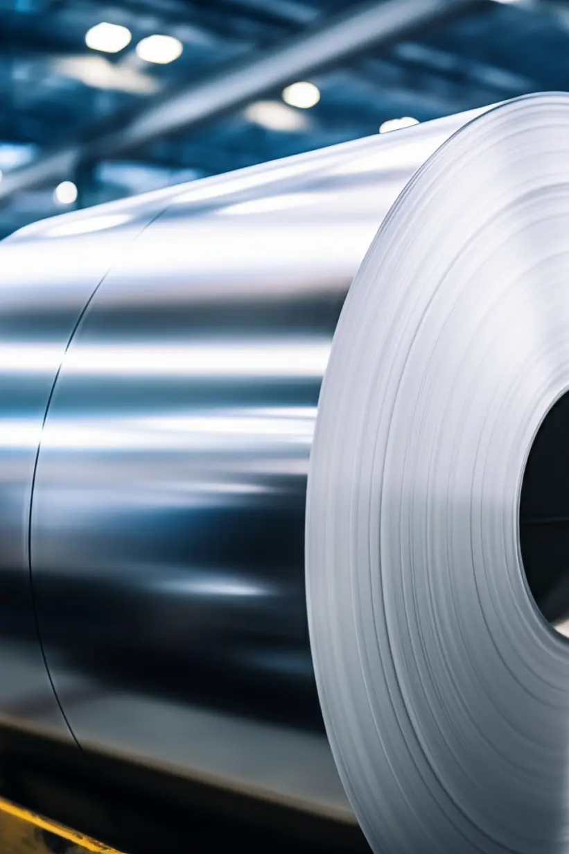 Large rolls of shiny steel are stacked in a row inside an industrial warehouse, secured with tesa tape. The polished surfaces reflect the light from above, and the expansive space in the background indicates a manufacturing setting. (This text has been generated by AI)