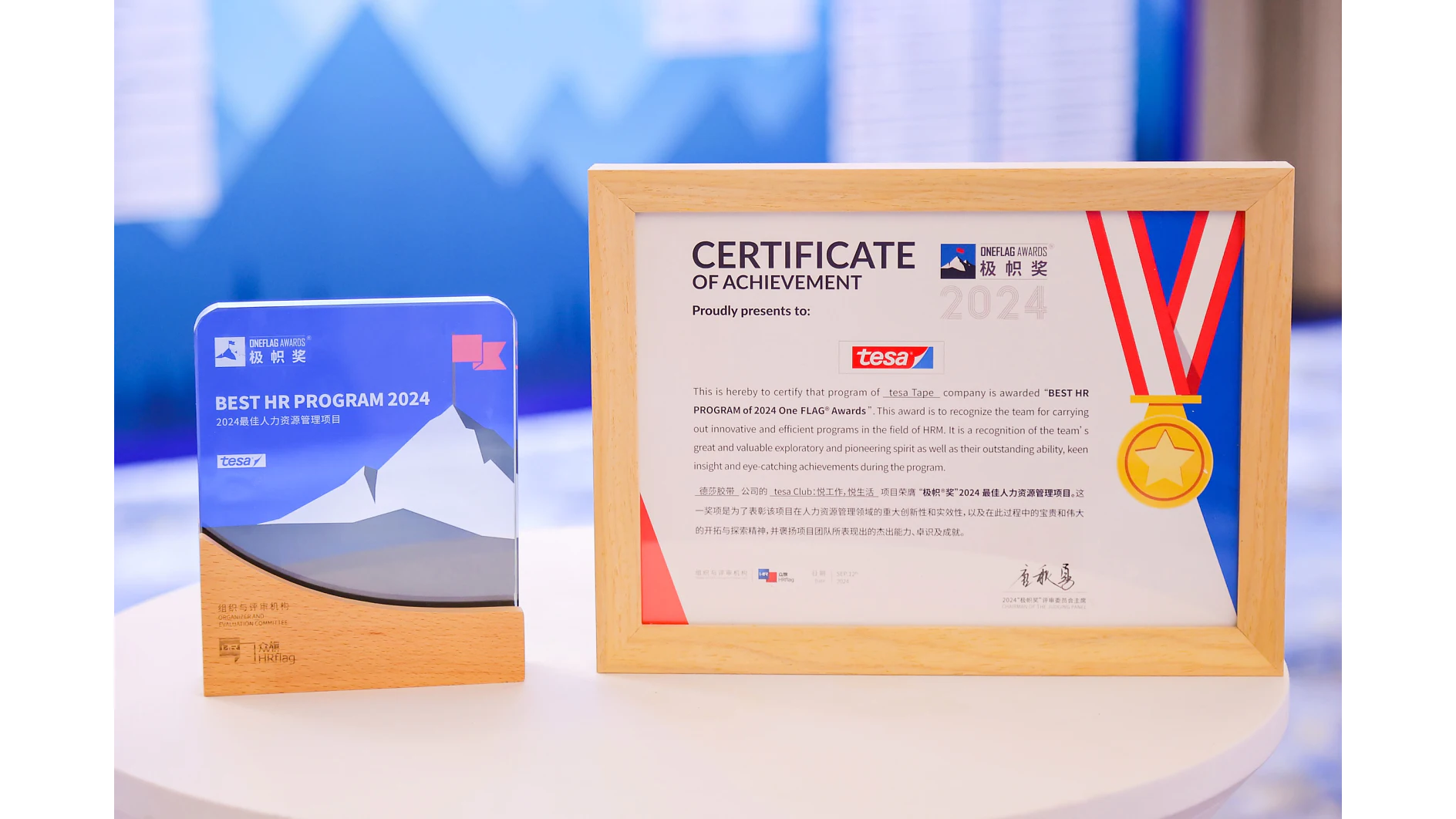 A plaque and a framed certificate are displayed side by side. The plaque reads Best HR Program 2024 with a mountain graphic. The certificate features a gold medal ribbon design and text recognizing achievement for tesa tape. (This text has been generated by AI)