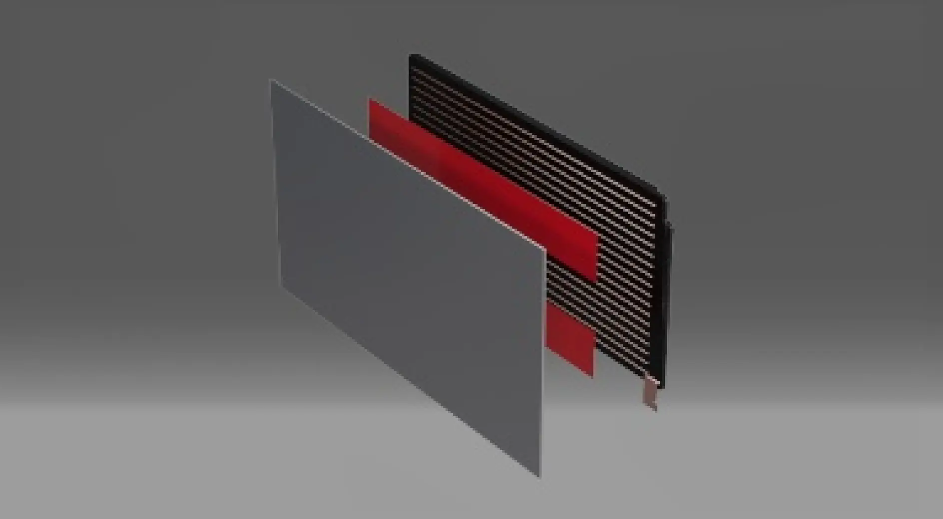 A digital rendering of a layered electronic component. It features a gray rectangular panel in the foreground, a red rectangular sheet in the middle, and a black grid-like structure in the background against a gray gradient backdrop. (This text has been generated by AI)