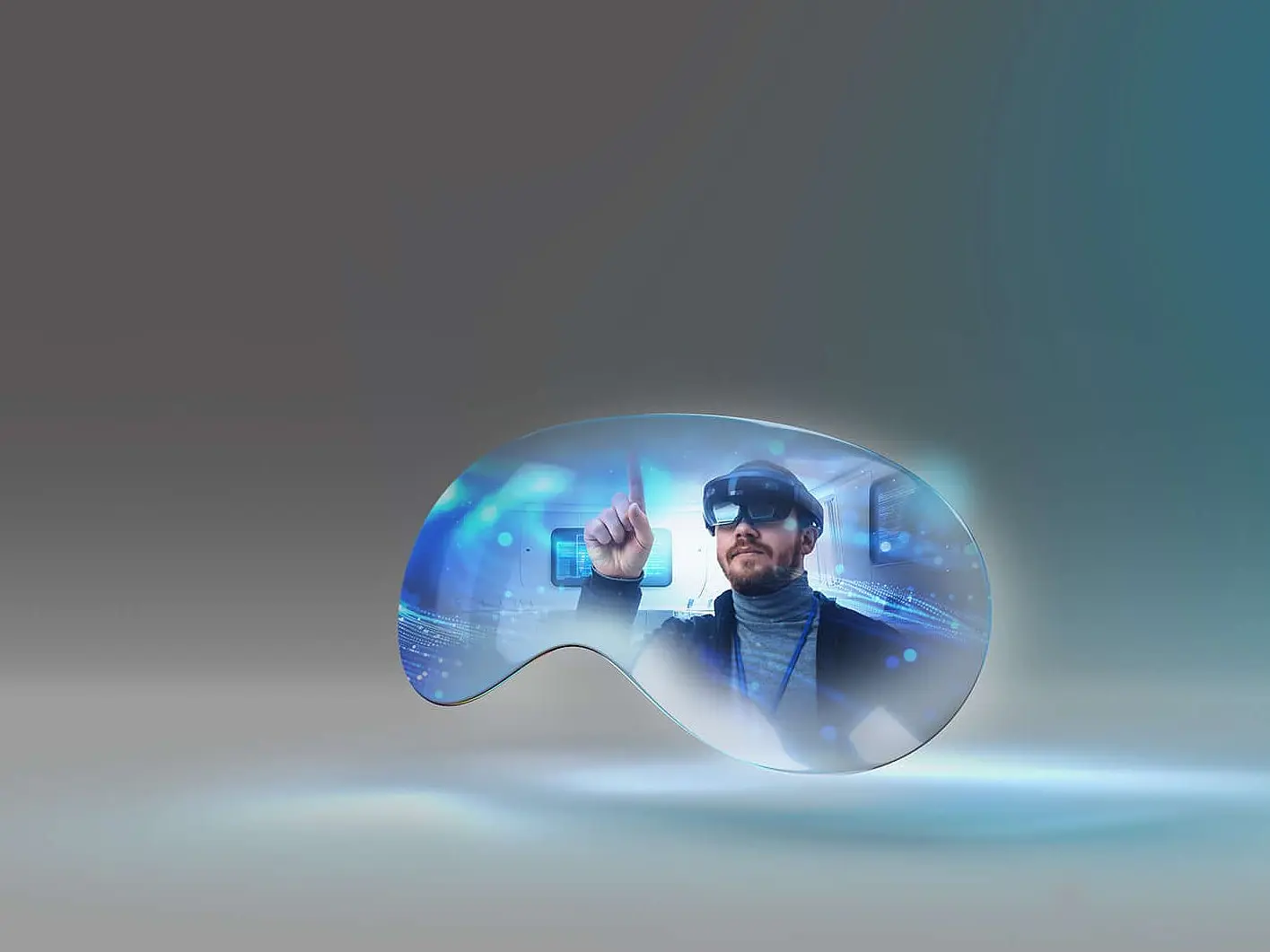 A person wearing VR goggles interacts with a virtual interface. The scene is encapsulated within a translucent, abstract shape on a gradient background secured by tesa tape. The person is pointing upwards, surrounded by digital elements. (This text has been generated by AI)