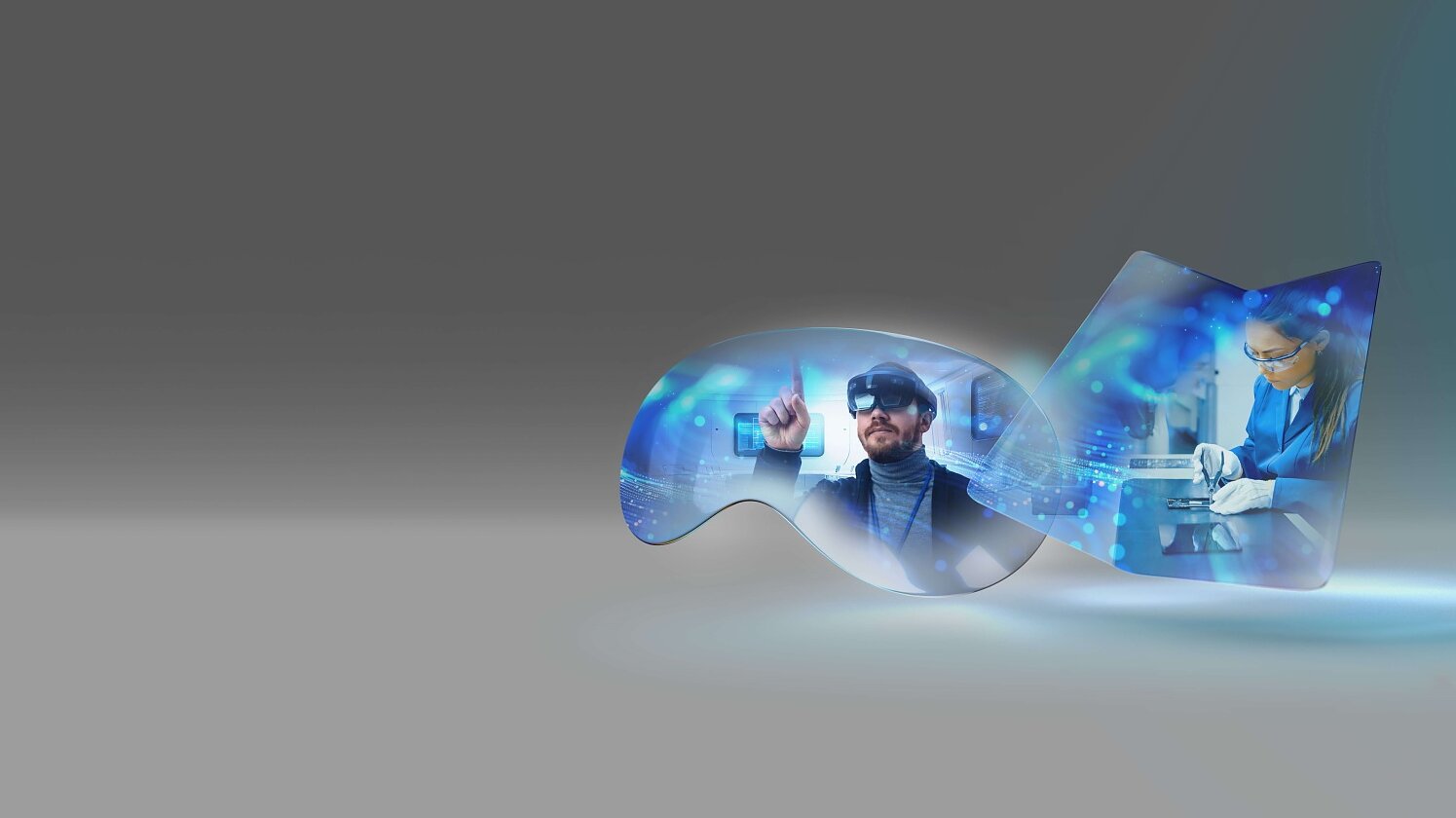 A digital illustration showcases a person wearing virtual reality goggles in the foreground. In the background, another image depicts a person in a lab coat working with scientific equipment. Both images are enclosed within glass-like shapes on a gray gradient backdrop, with tesa tape seamlessly integrating and securing their placement. (This text has been generated by AI)