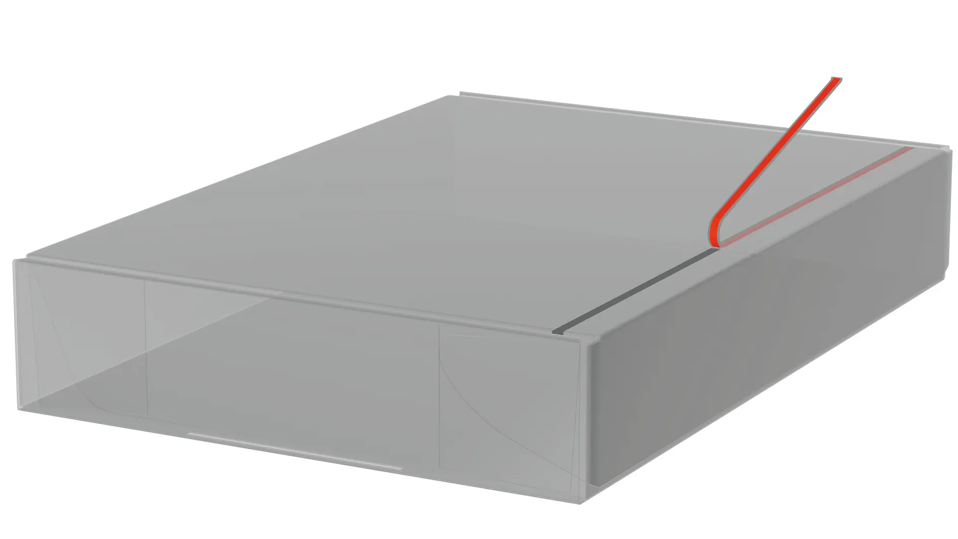transparent rectangular box with a red wire loop on top, shown on a white background, illustrating packaging design tesa