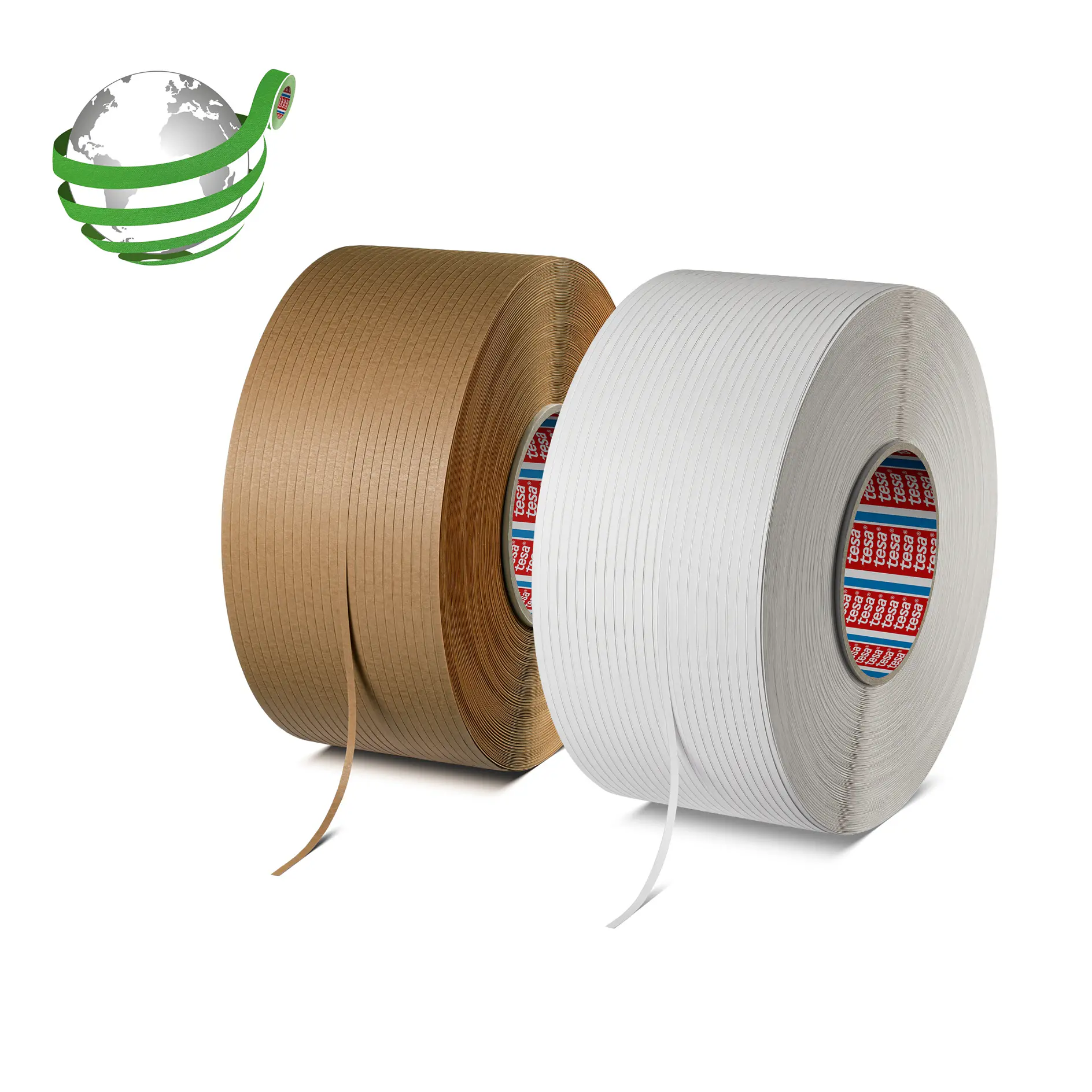 two rolls of tesa adhesive tape, one brown and one white, displayed on a white background with a green globe logo and a red "new" label