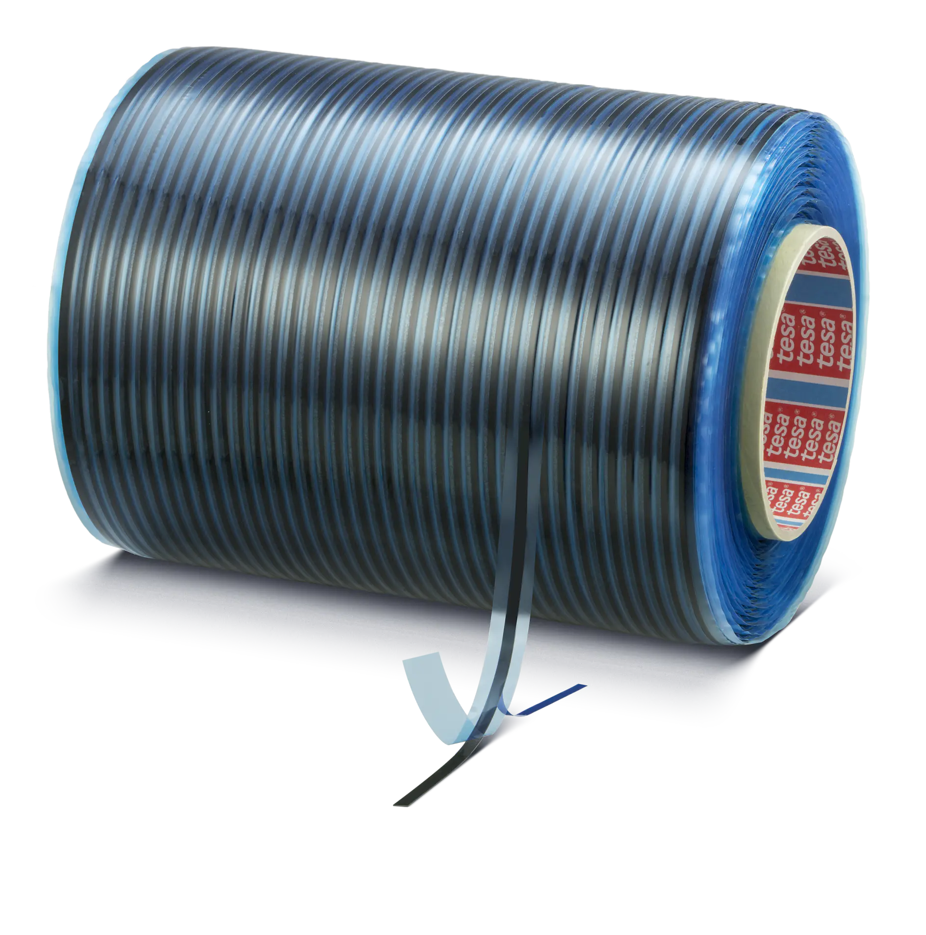 Roll of blue and black striped adhesive tape with a small piece peeled off, isolated on a white background, branded tesa.