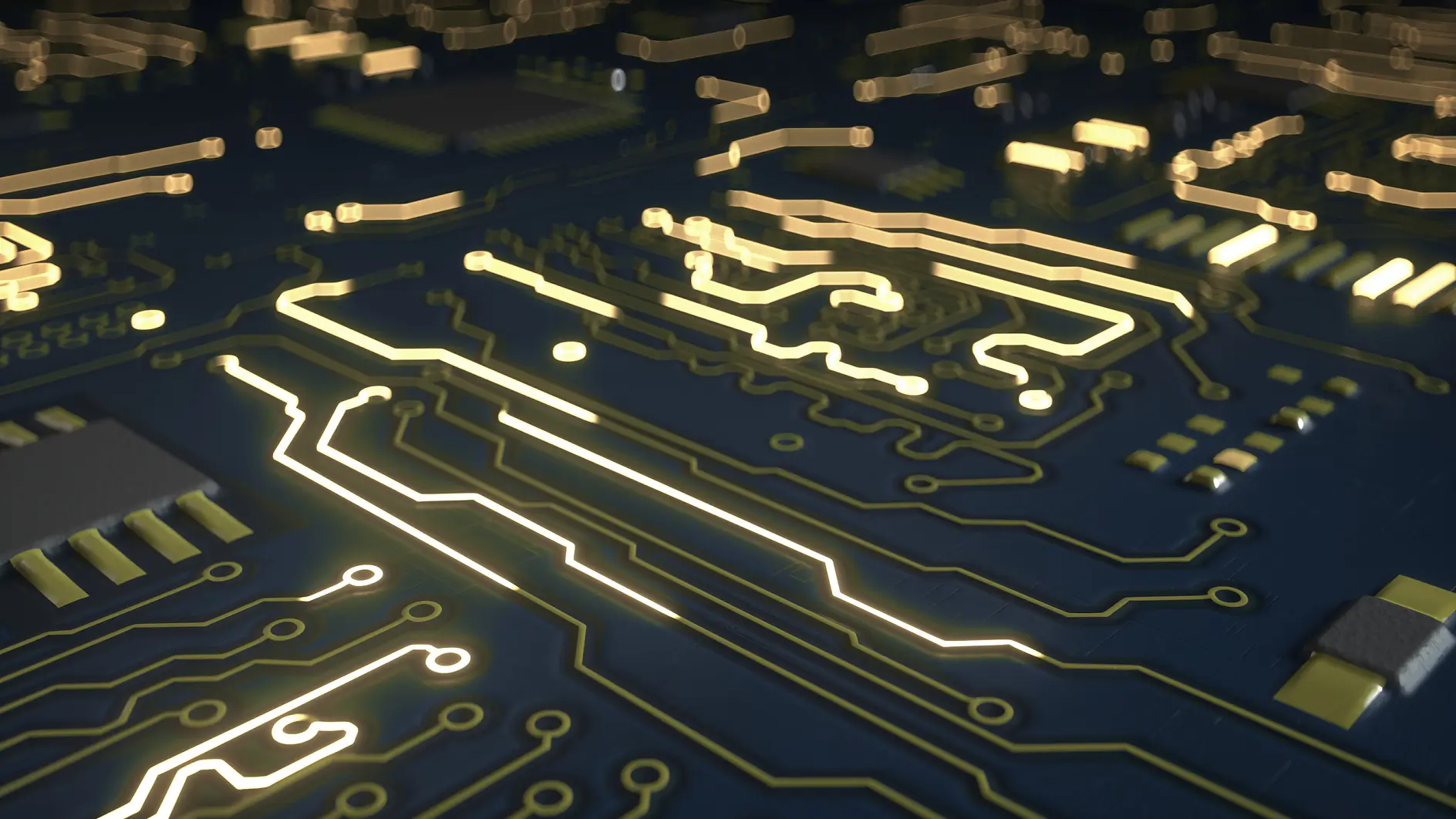 close-up of a dark blue printed circuit board with glowing gold electrical pathways and components in an indoor setting tesa