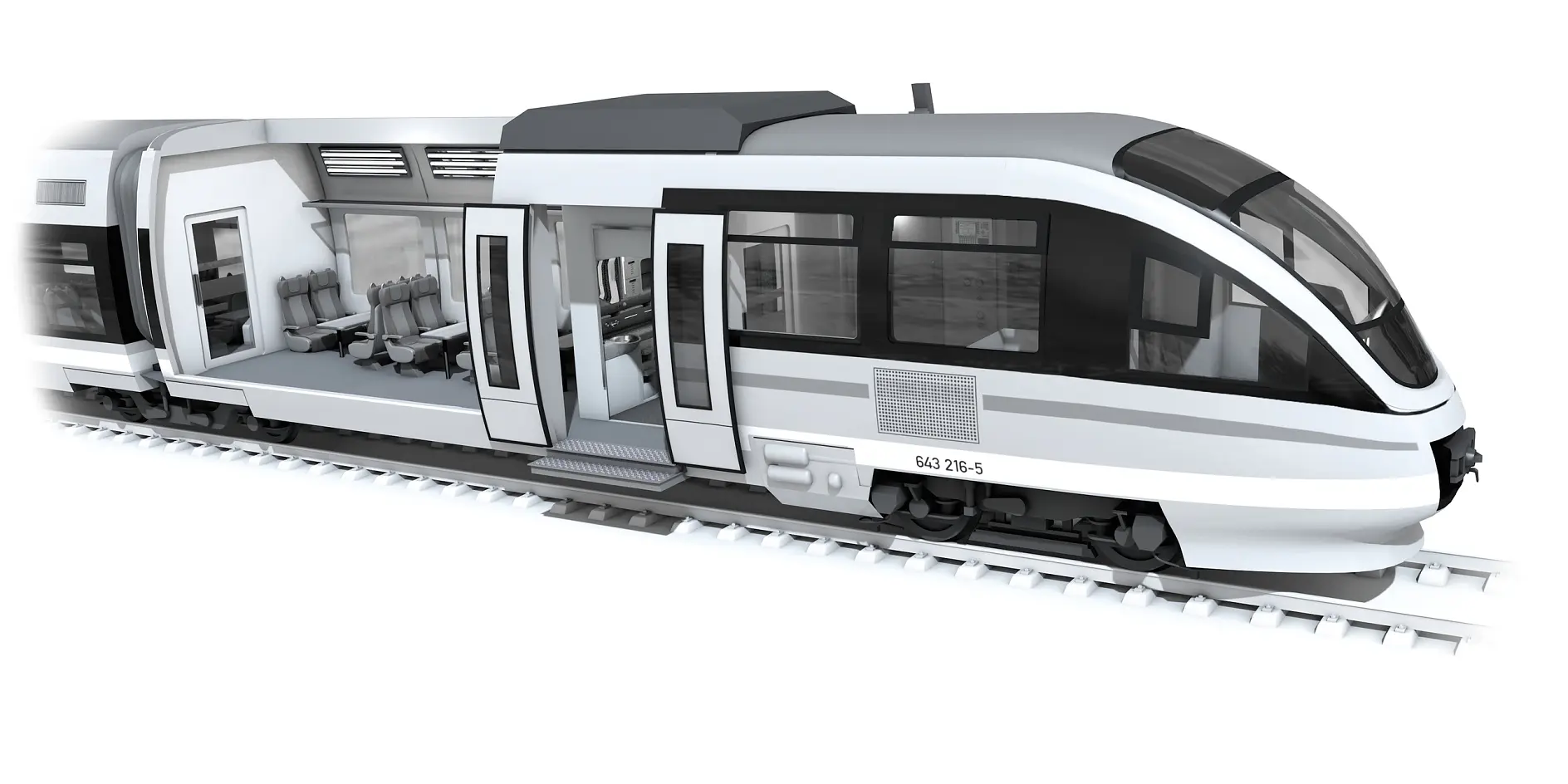 modern white and gray passenger train on tracks in a studio setting, showing side view of two connected carriages (This text has been generated by AI)