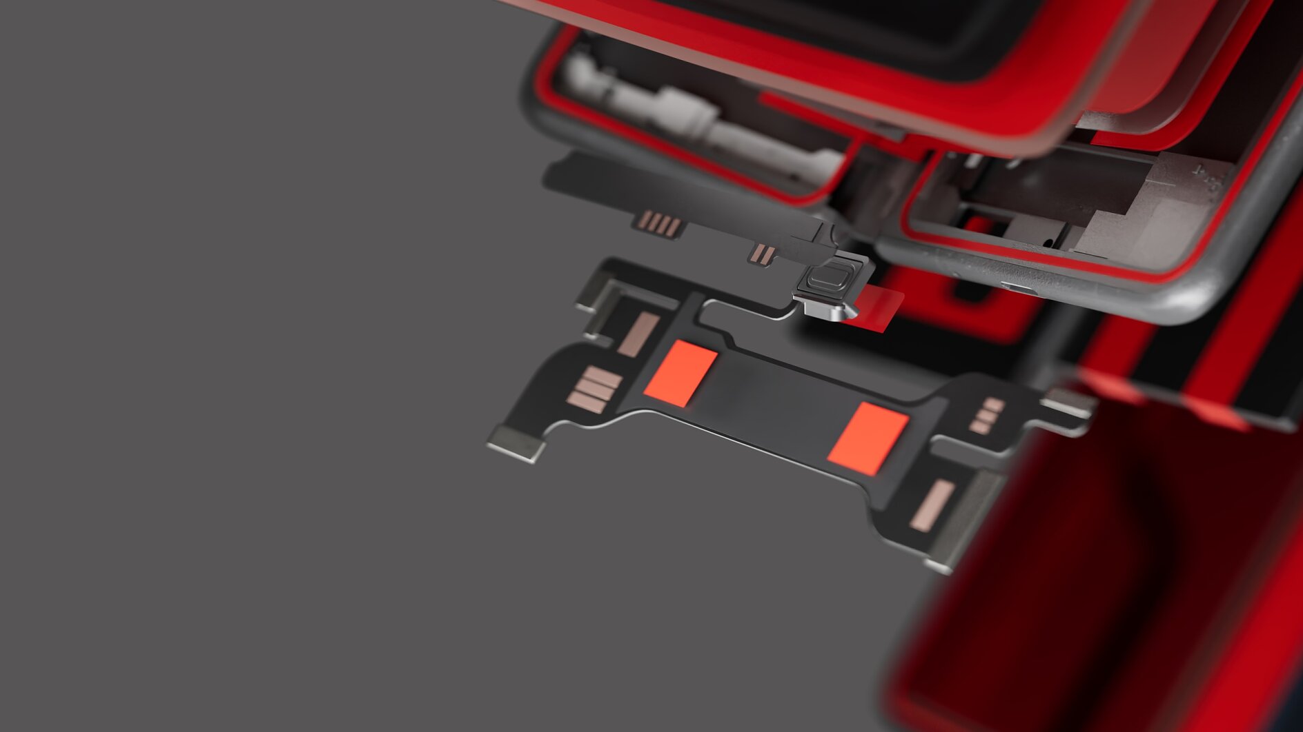 Close-up of a partially disassembled electronic device with exposed components, some secured with tesa tape, and colored casing. (This text has been generated by AI)