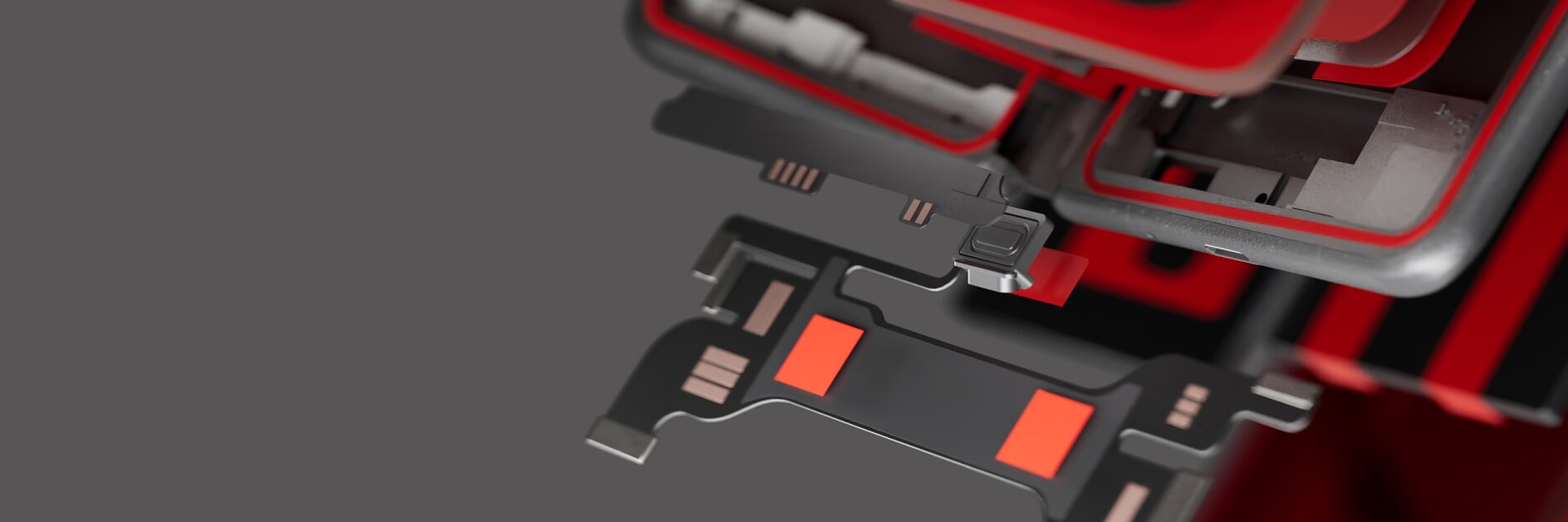 Close-up of a partially disassembled electronic device with exposed components, some secured with tesa tape, and colored casing.