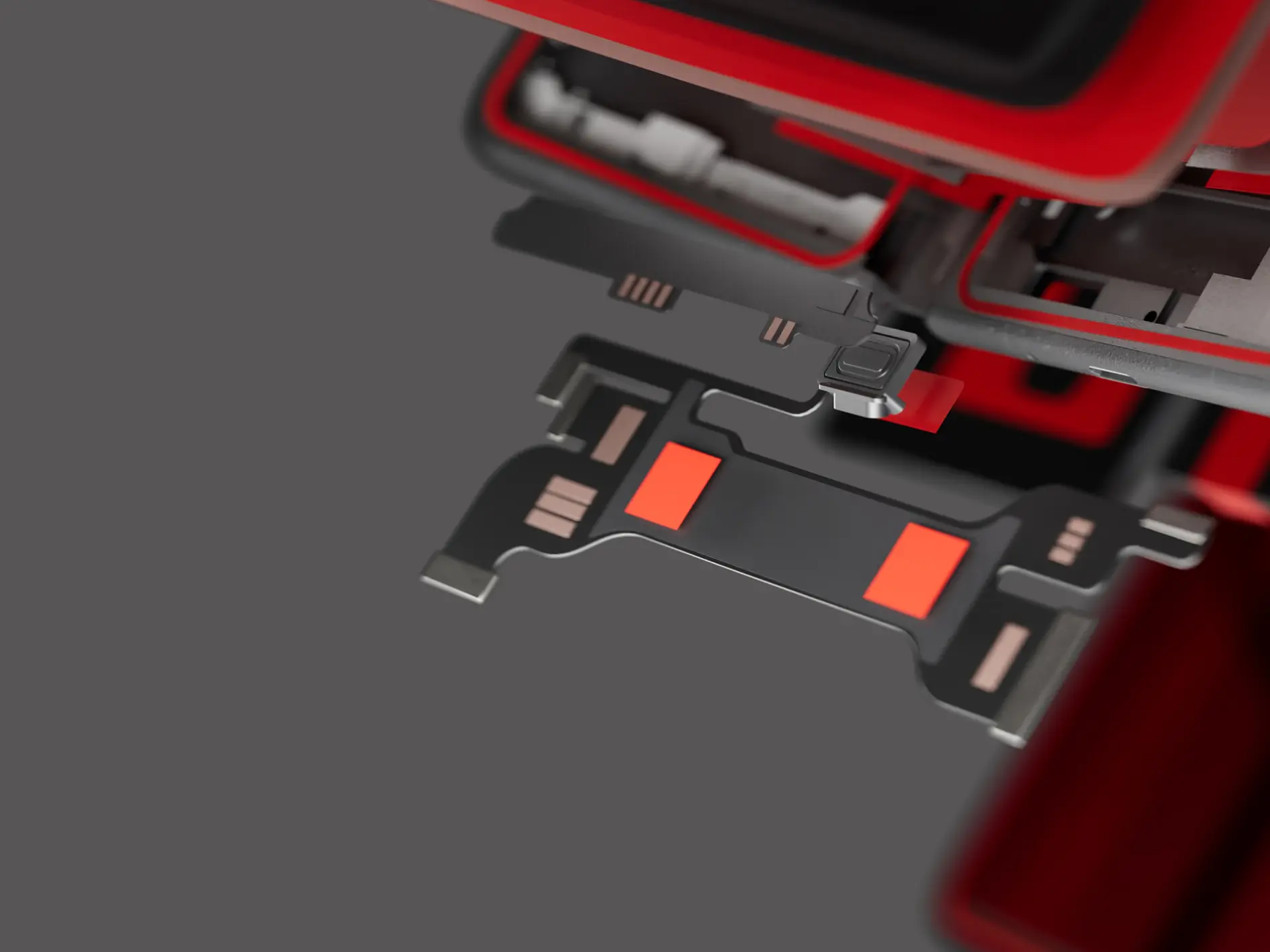 Close-up of a partially disassembled electronic device with exposed components, some secured with tesa tape, and colored casing. (This text has been generated by AI)
