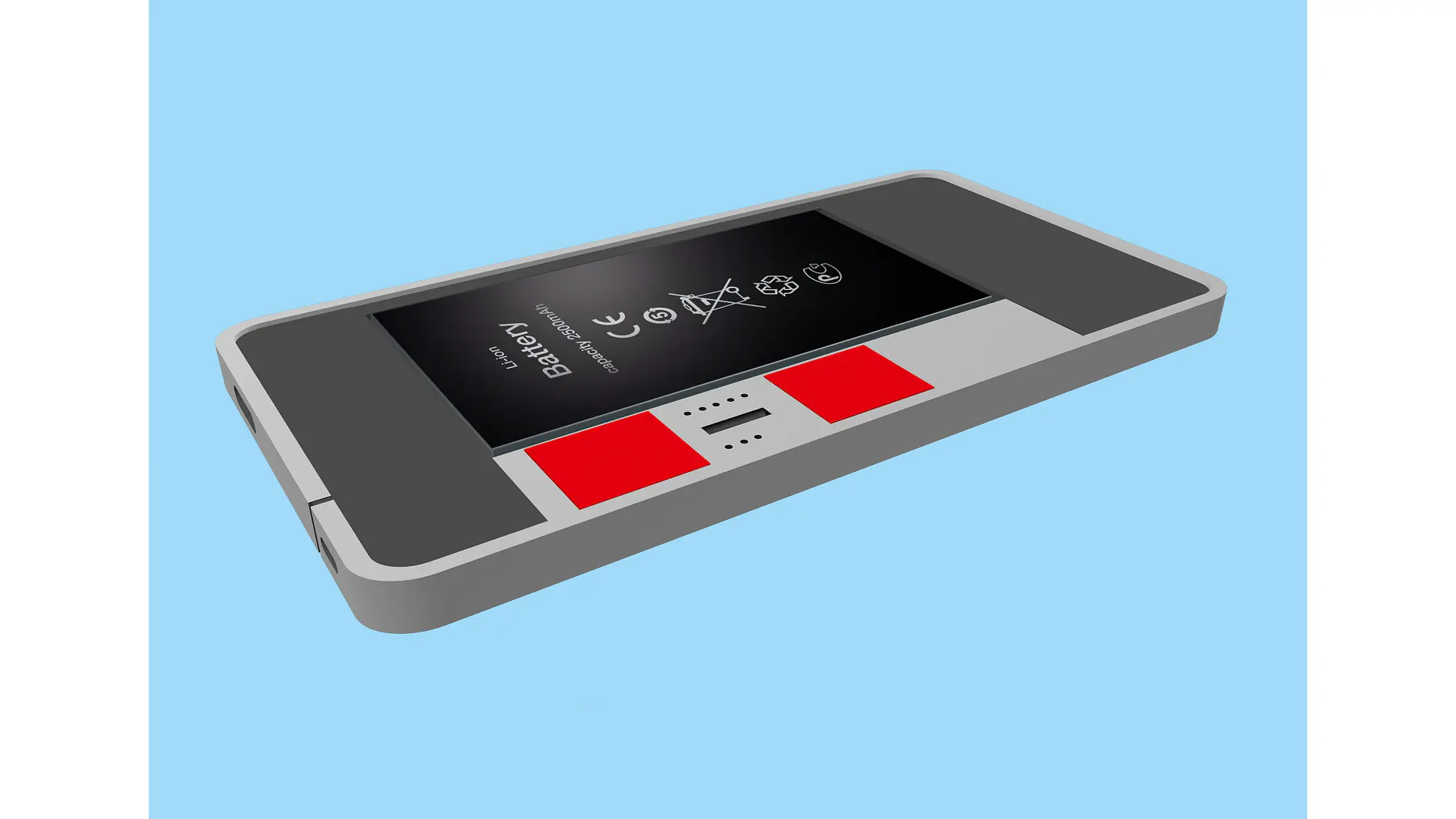 smartphone lying flat on a blue surface displaying a black screen with red and white interface elements (This text has been generated by AI)
