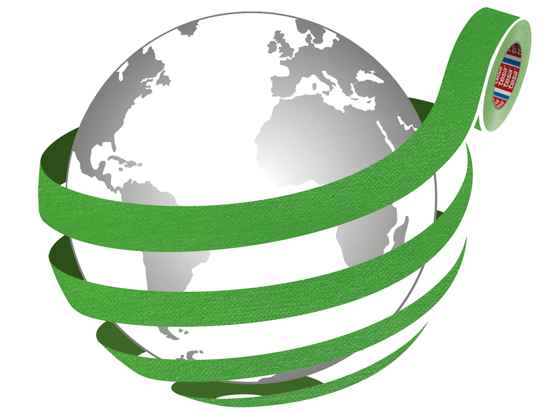 globe wrapped with green tesa tape strip spiraling around, symbolizing environmental protection or global packaging concept