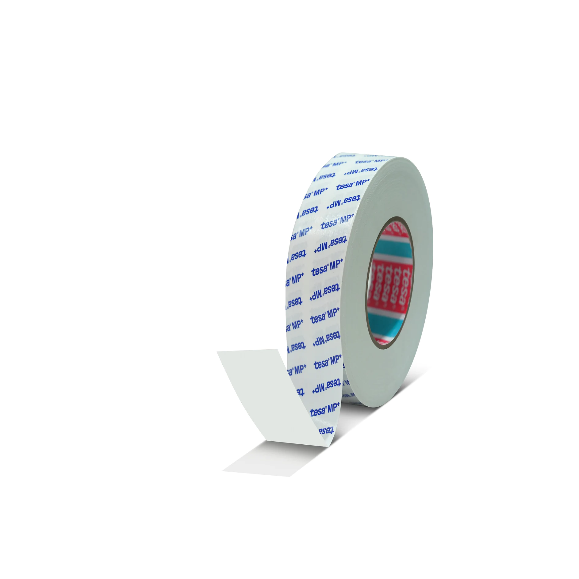 roll of tesa branded double-sided adhesive tape on white background, one end peeled back showing sticky surface (This text has been generated by AI)