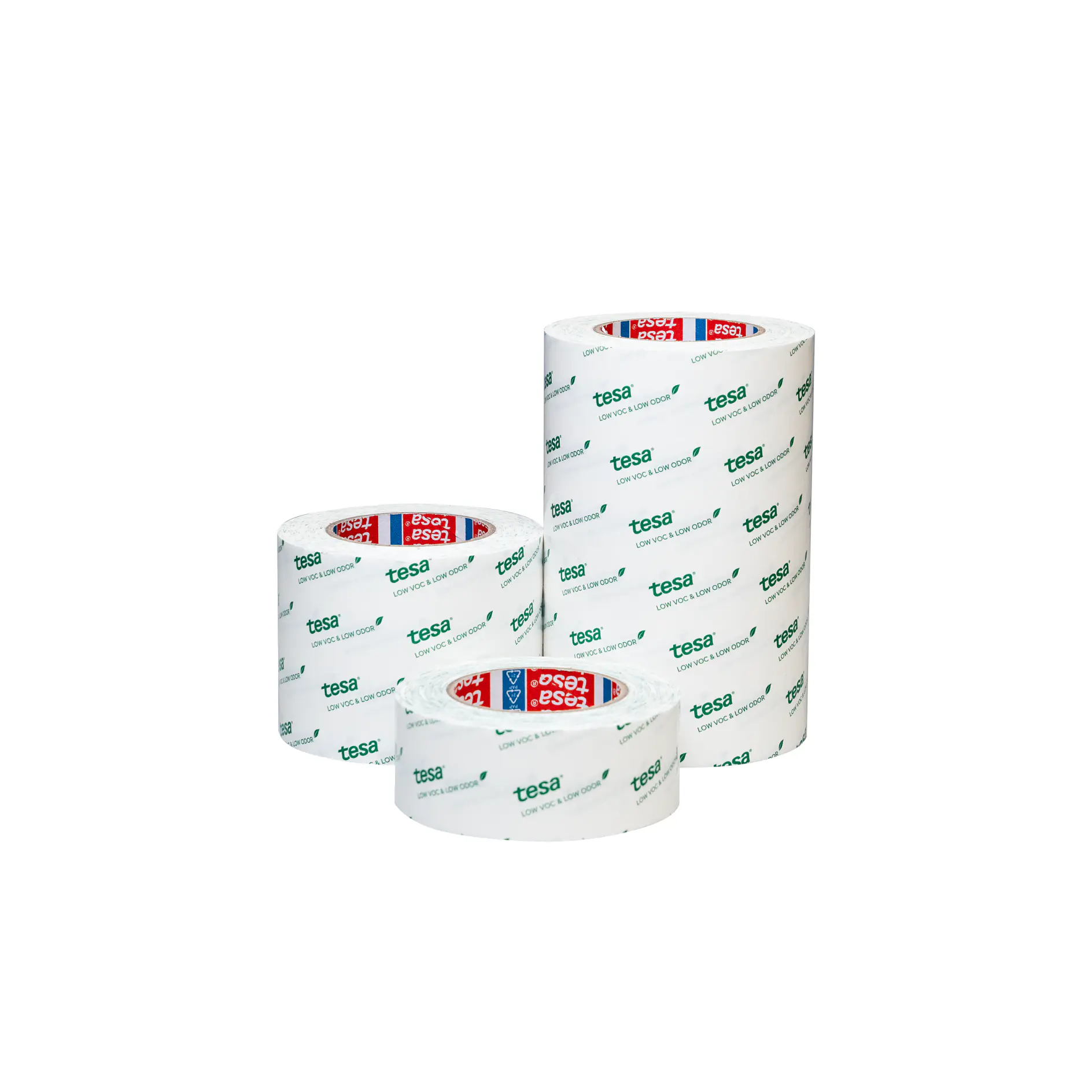 three rolls of tesa adhesive tape in varying sizes with white backing and green branding on a white background (This text has been generated by AI)