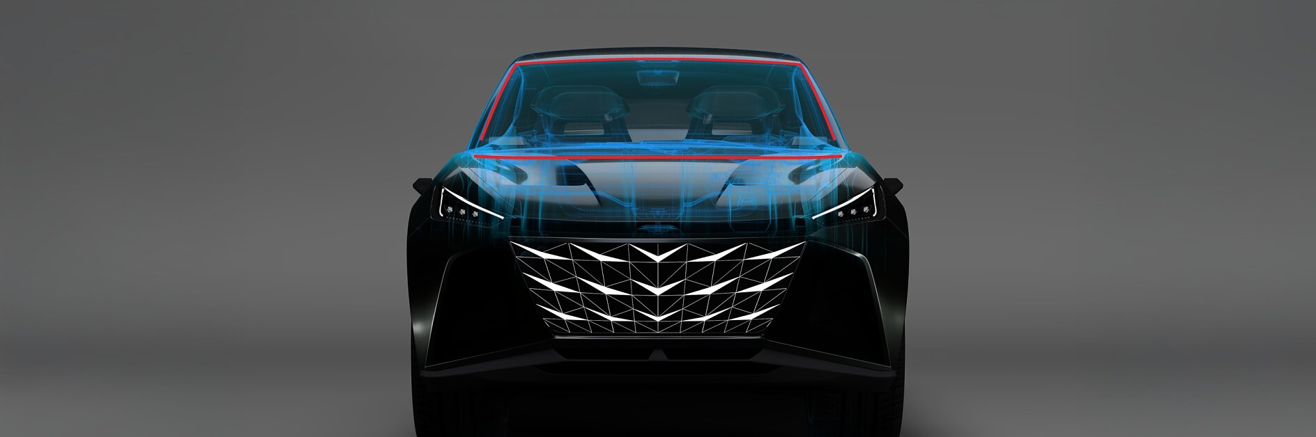 A digital front-view rendering of a car with a semi-transparent overlay revealing interior seating and tesa tape structural elements. (This text has been generated by AI)