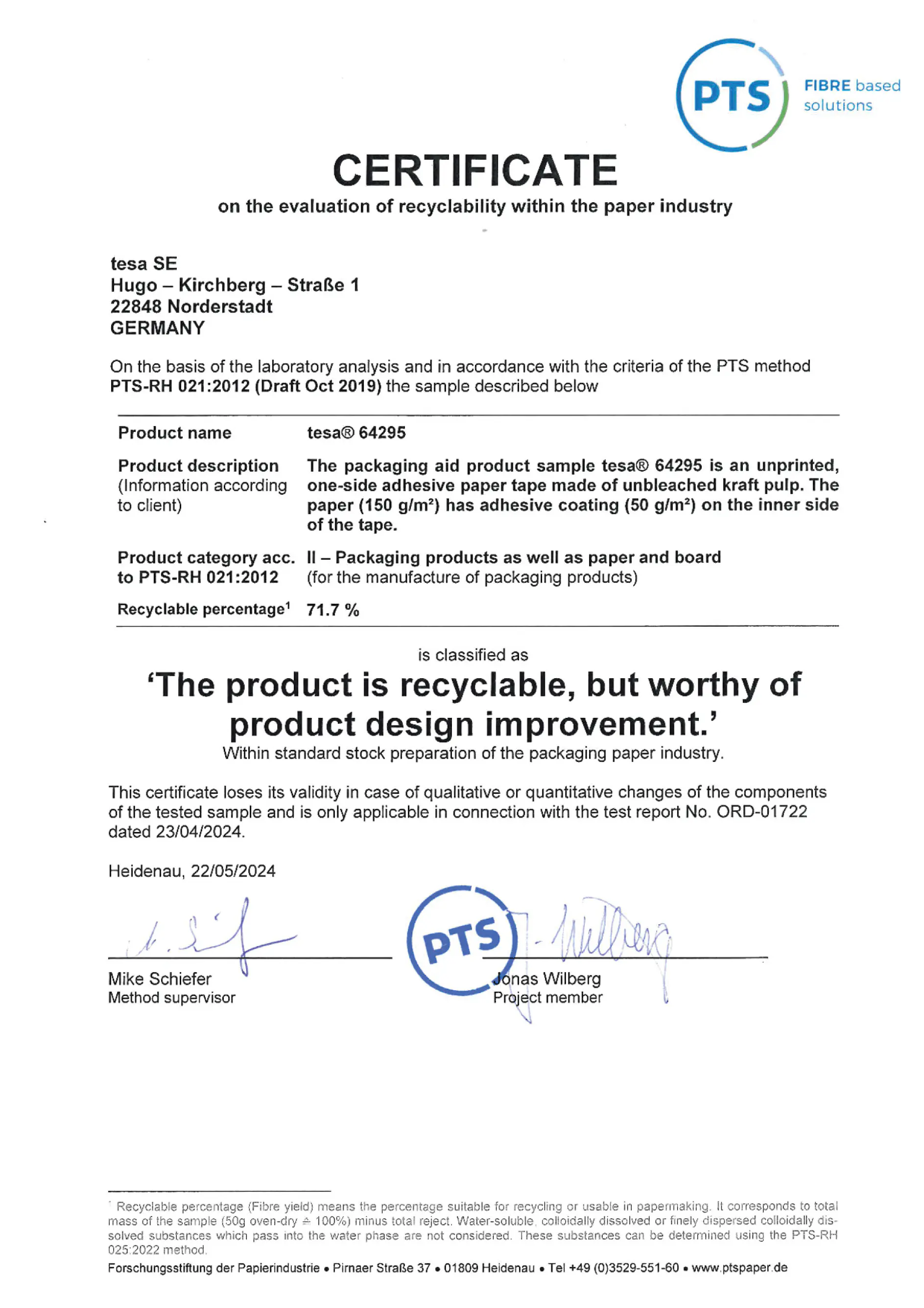 PTS 证书_tesa® 64295_PTS-RH 021_2012