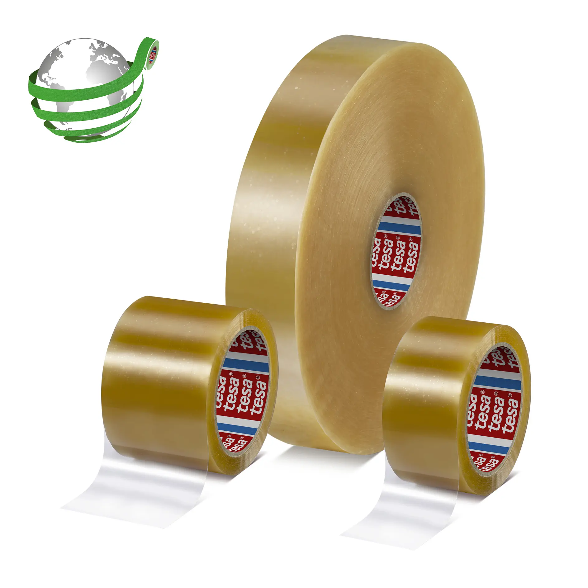 three rolls of tesa brown adhesive tape in different sizes on a white background with a green and silver globe logo
