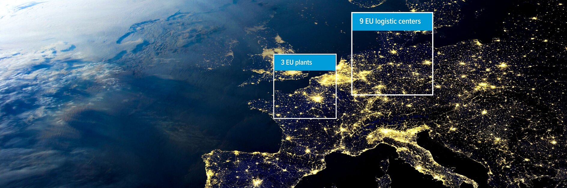A view of Europe from space at night, with illuminated city lights. Labels indicate 3 EU tesa tape plants over France and 9 EU tesa tape logistics centers over central Europe. The curve of the Earth and atmosphere is visible.