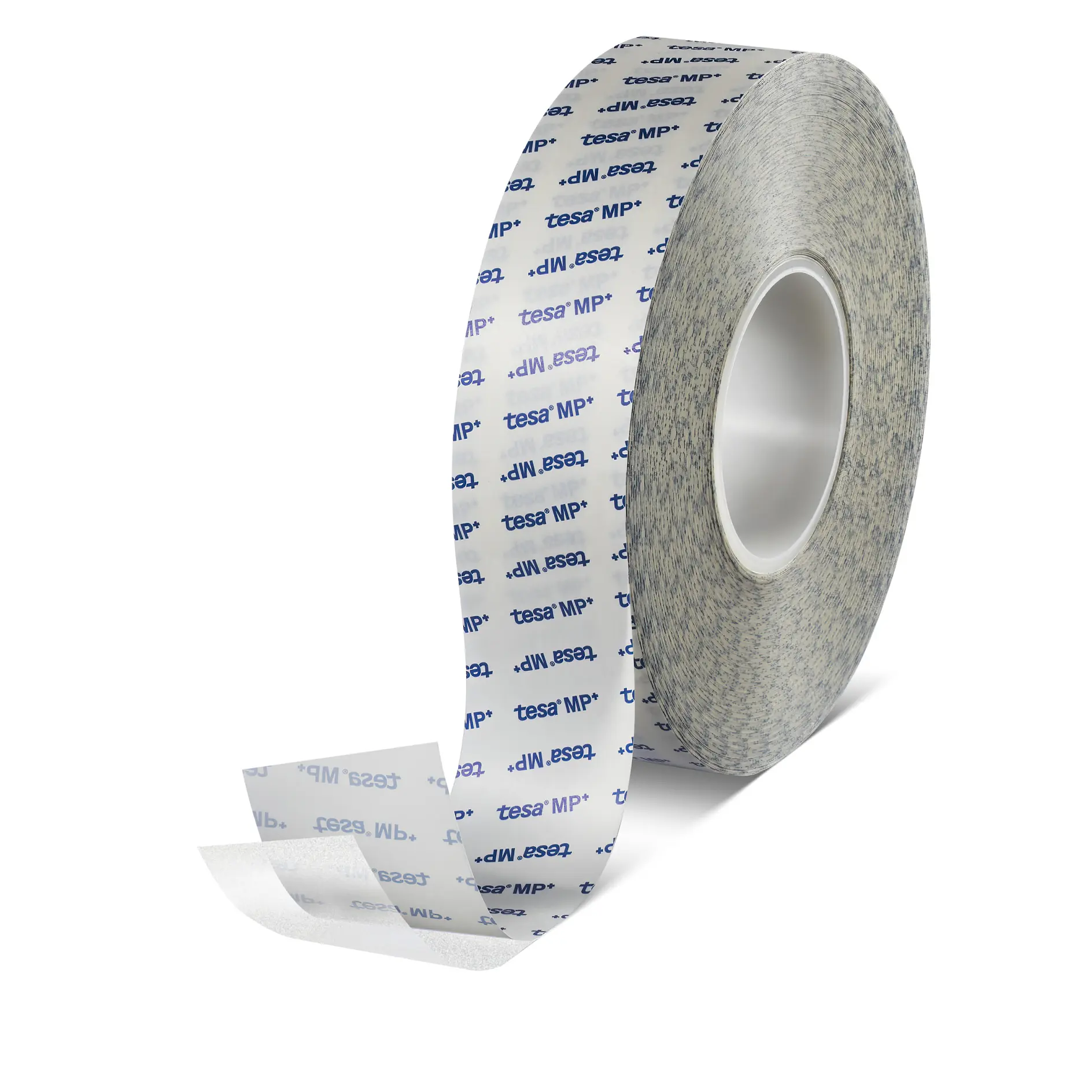 a roll of tesa tape with a transparent backing and printed branding, partially unrolled to show the adhesive side. (This text has been generated by AI)