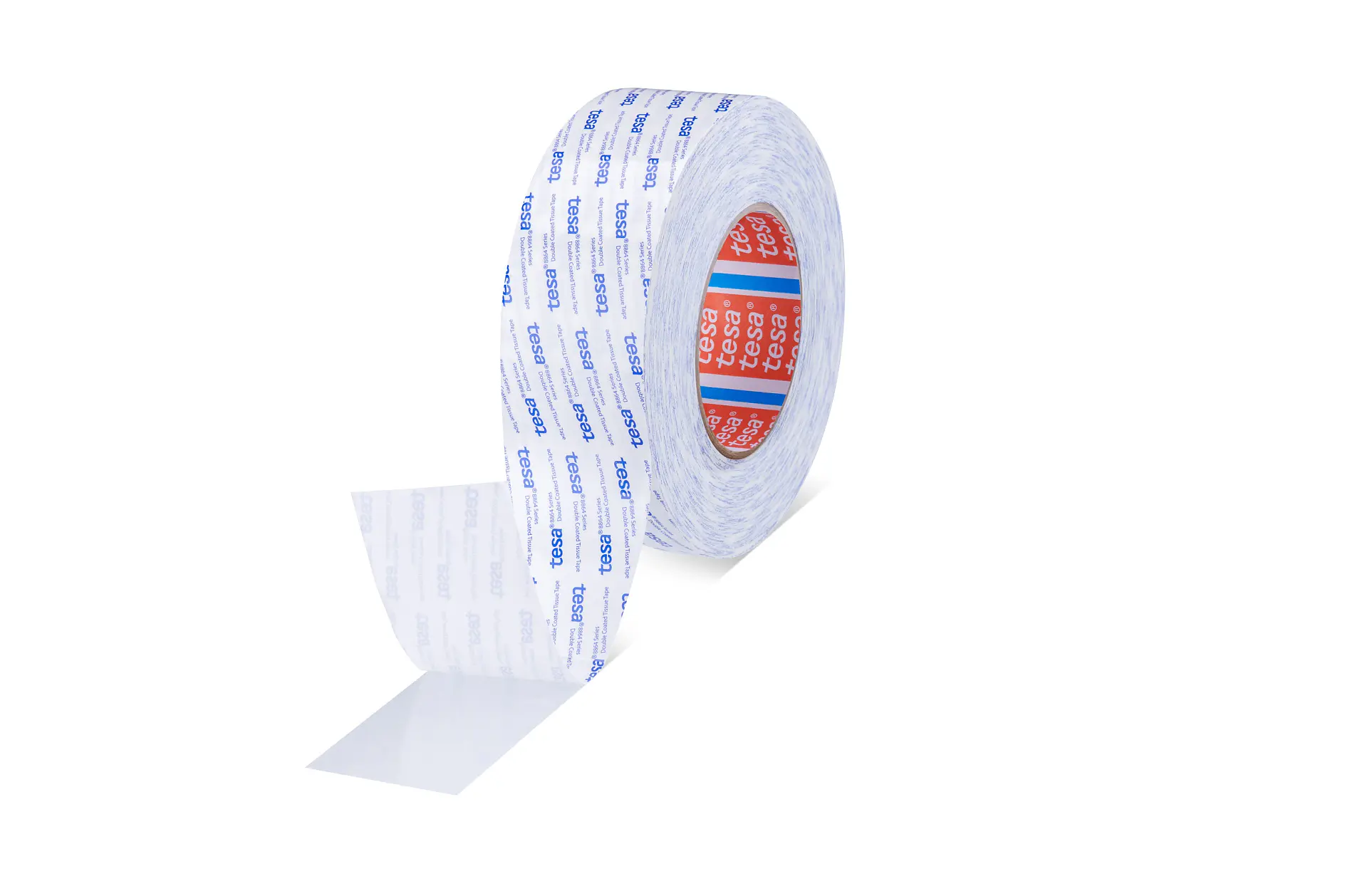 roll of tesa branded double-sided adhesive tape with a partially unrolled strip on a white background (This text has been generated by AI)