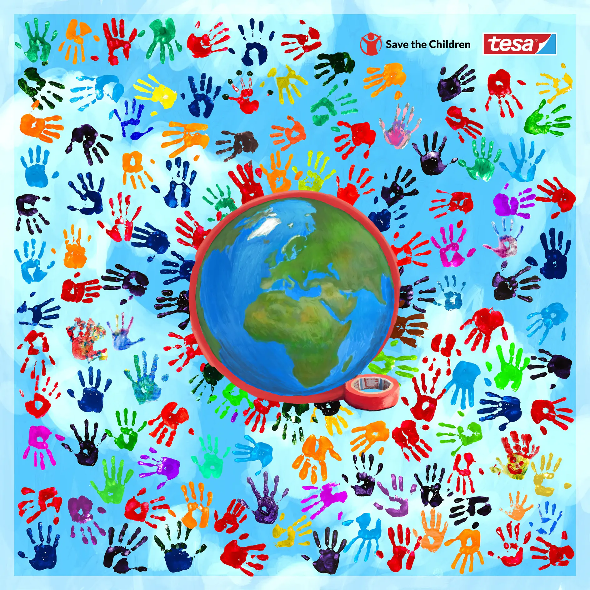 一个地球仪位于浅蓝色背景中央，周围有彩色手印。右上角是救助儿童会与tesa的标志，tesa胶带靠近地球仪。