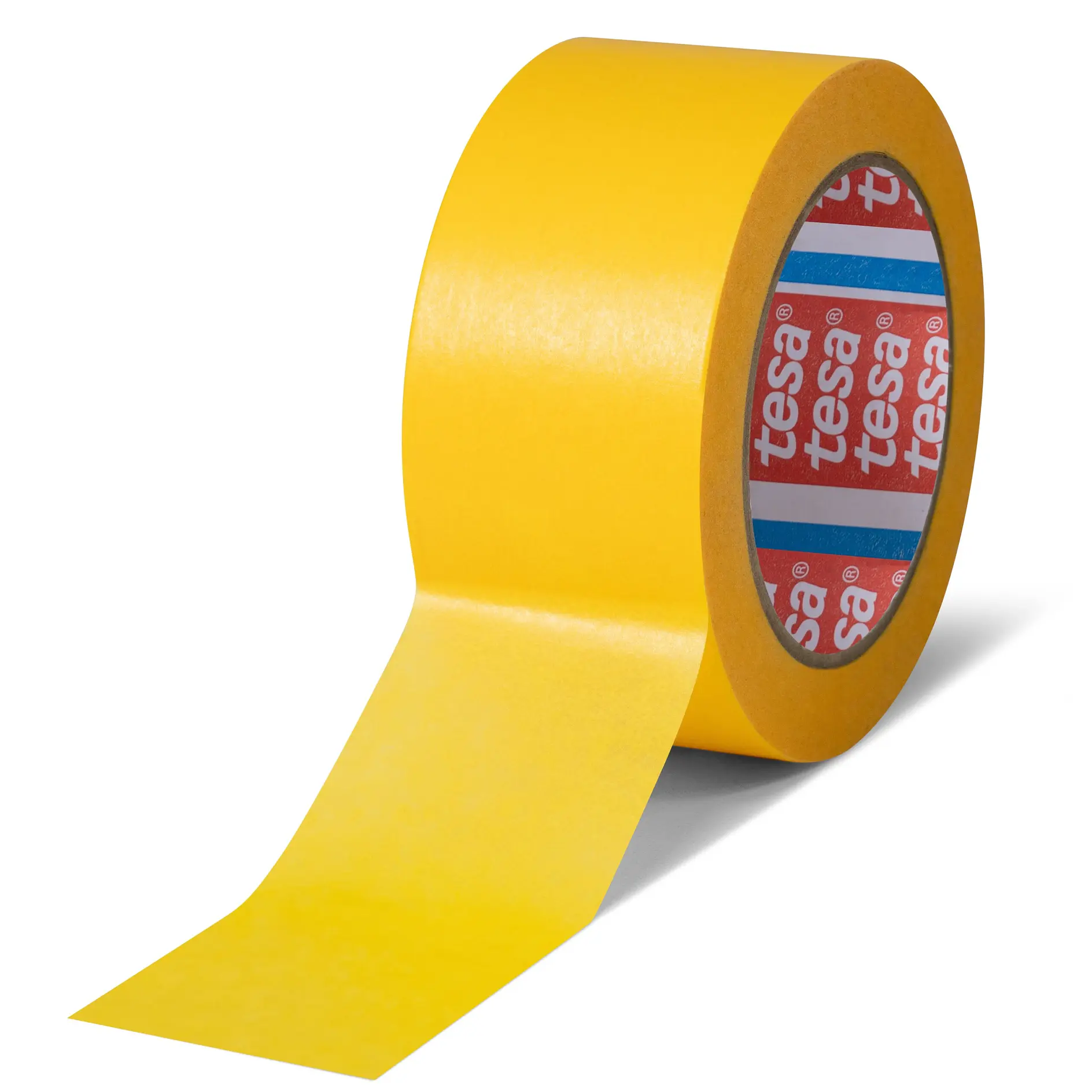 yellow tesa adhesive tape roll with partially unrolled strip on white background, studio setting (This text has been generated by AI)