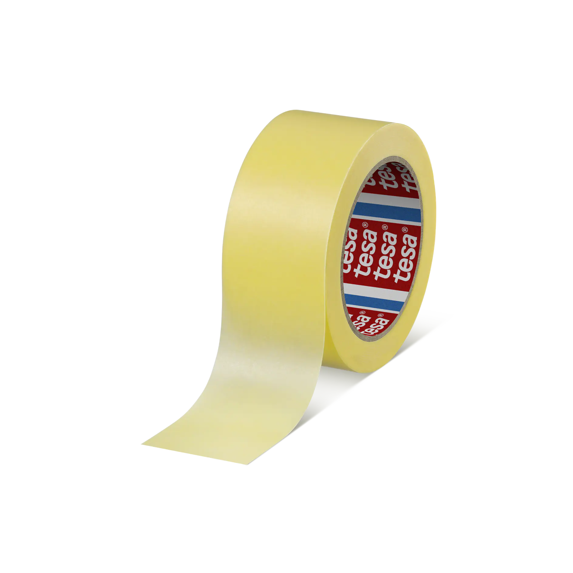 Roll of transparent tesa adhesive tape with partially unrolled end on a white background. (This text has been generated by AI)