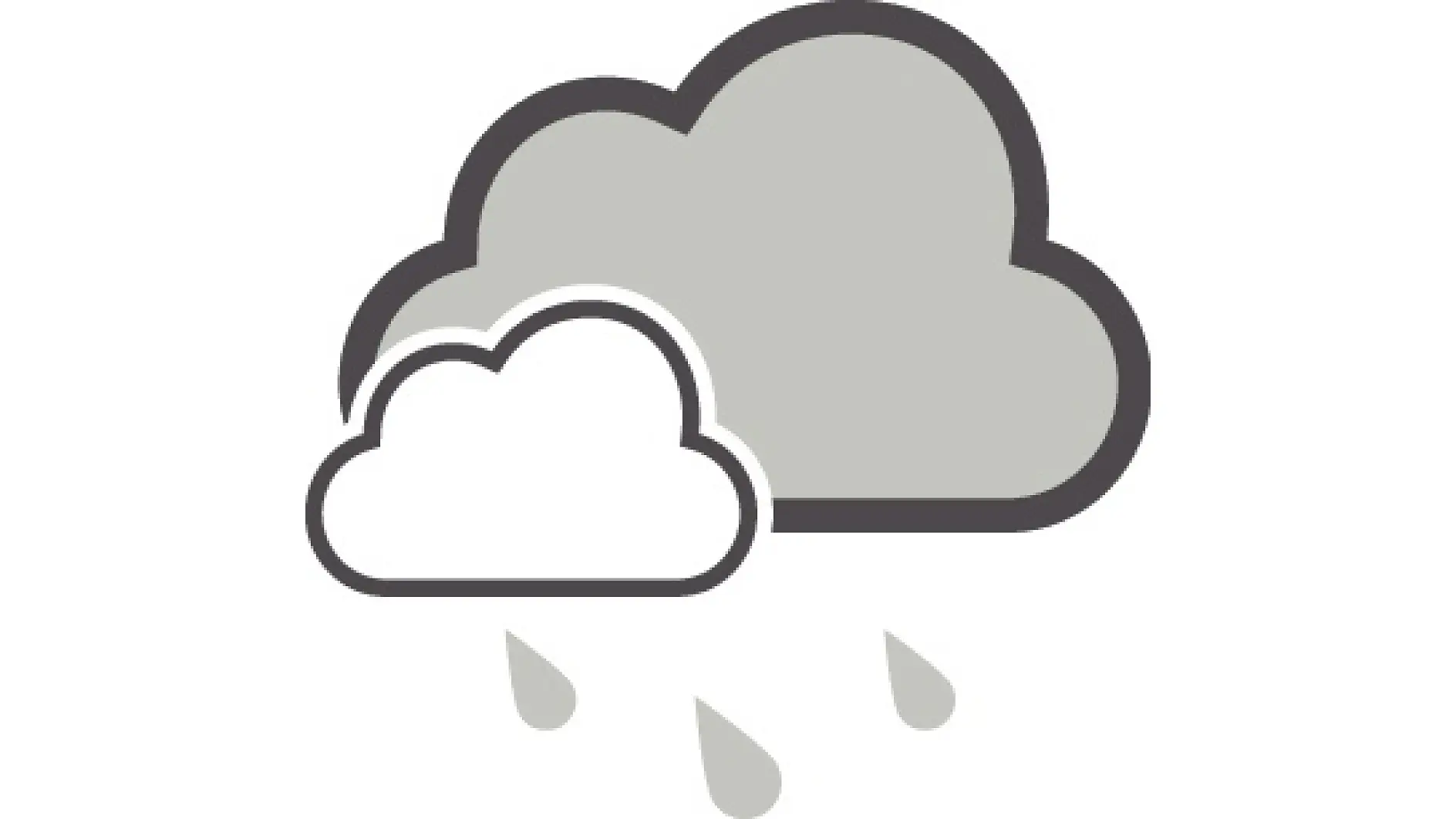 两个重叠的云的简单插图，一个浅灰色，一个白色，三滴灰色雨滴——每个都由特莎胶带制成——从云中落下，表示雨天。 (This text has been generated by AI)