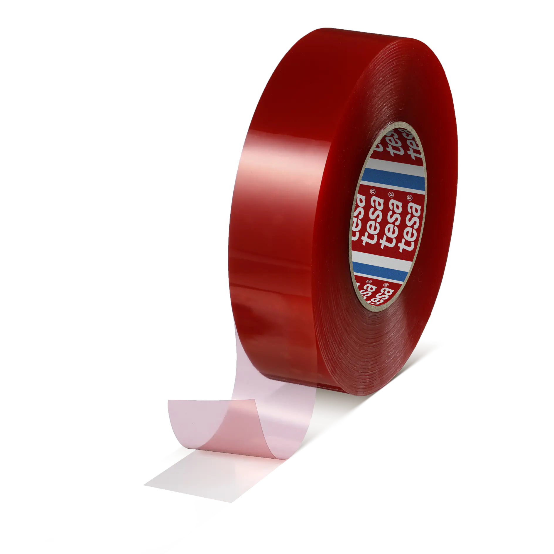 红色特萨胶带卷，末端部分展开，置于白色背景上 (This text has been generated by AI)