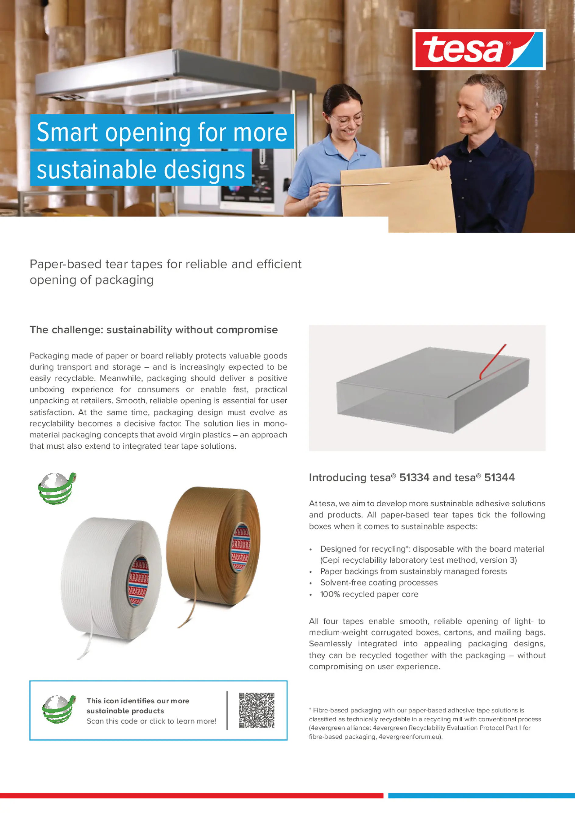 tesa SE 的纸质撕裂带宣传单展示可持续包装解决方案（tesa® 51334 和 51344），用于瓦楞纸箱的简便可回收开启，包含主要优势、可持续性特征和技术规格。 (This text has been generated by AI)