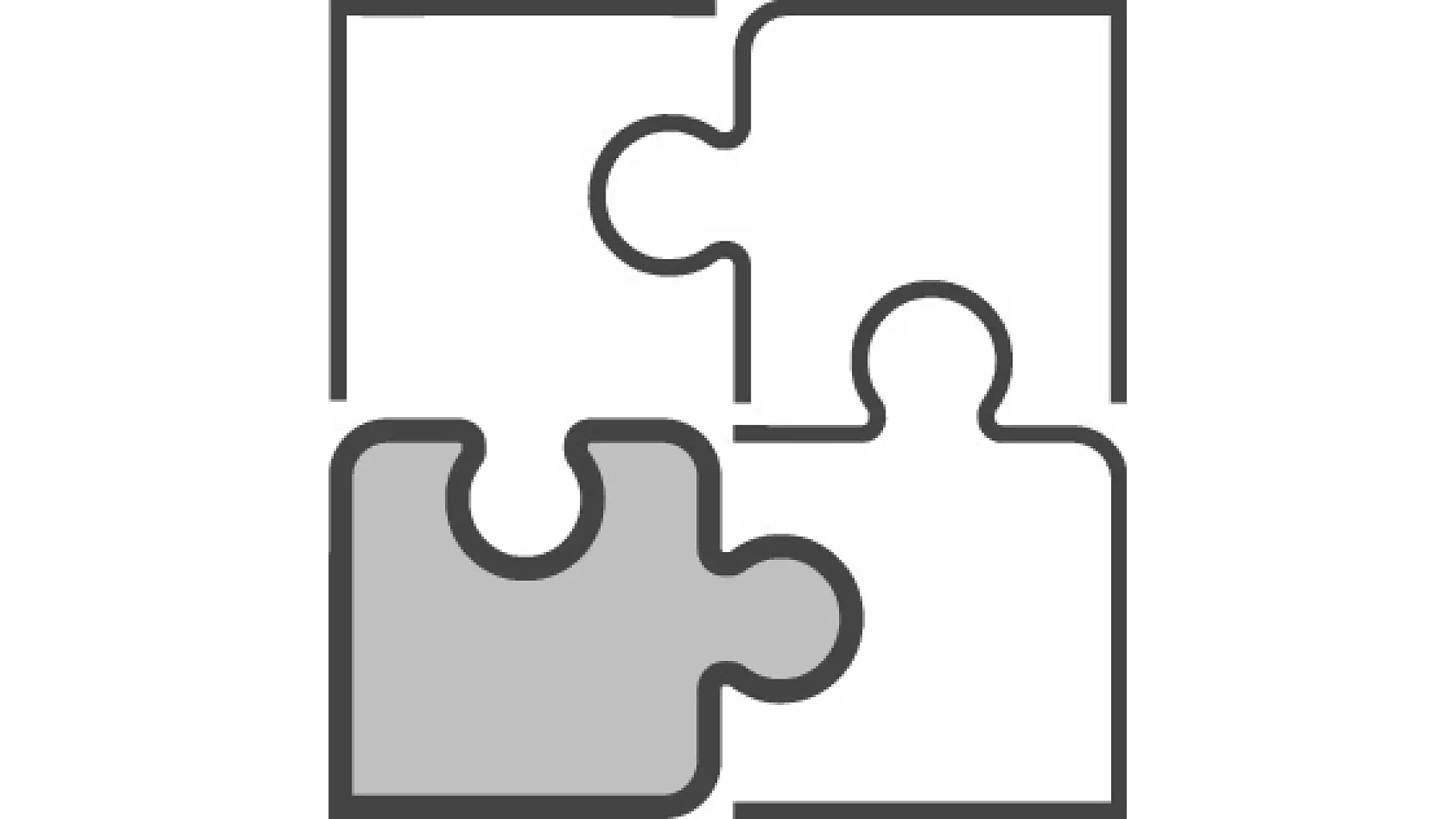 显示了四块拼图，排列为2x2布局。三块拼图为白色，左下角的一块为灰色。形状简单，带有互锁的凸起和凹槽。灰色和白色形成鲜明对比，借助tesa胶带牢固地拼接在一起。 (This text has been generated by AI)