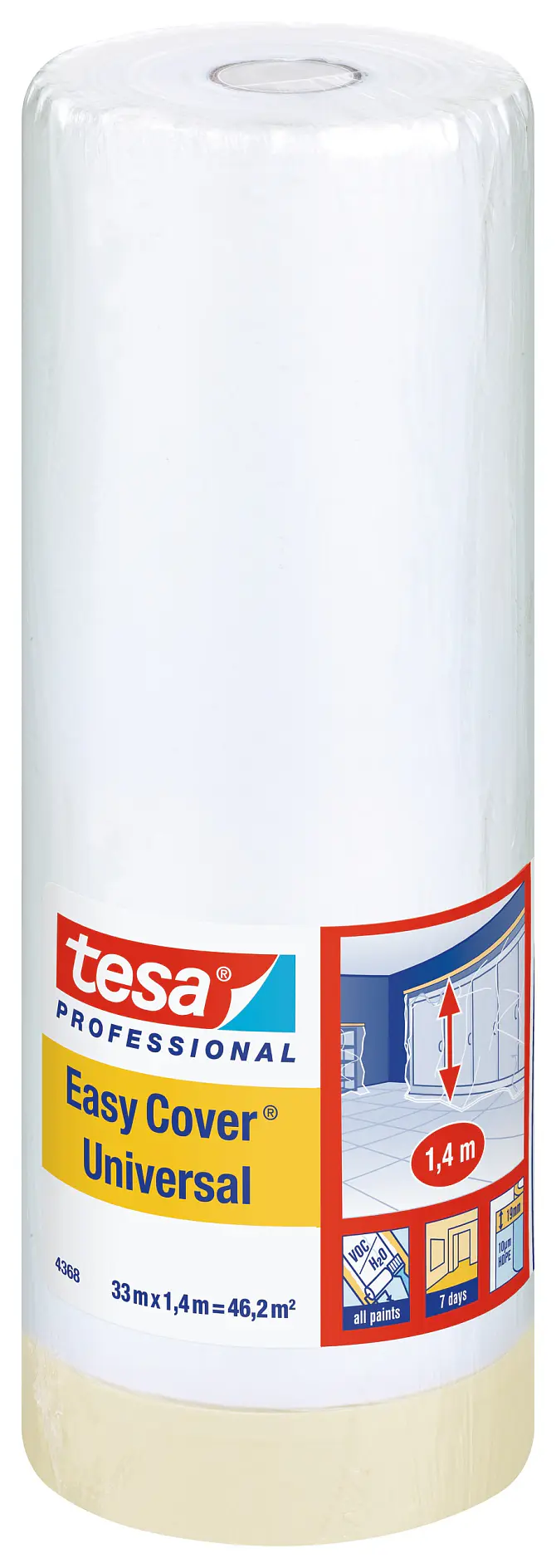 用于油漆保护的 tesa professional Easy Cover Universal 通用遮蔽膜透明卷，展示在白色背景上。 (This text has been generated by AI)