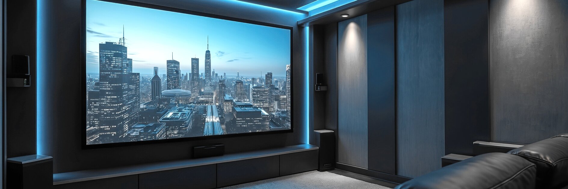 modern home theater room with large screen displaying city skyline, black leather seating, and blue ambient LED lighting in a dark indoor setting
