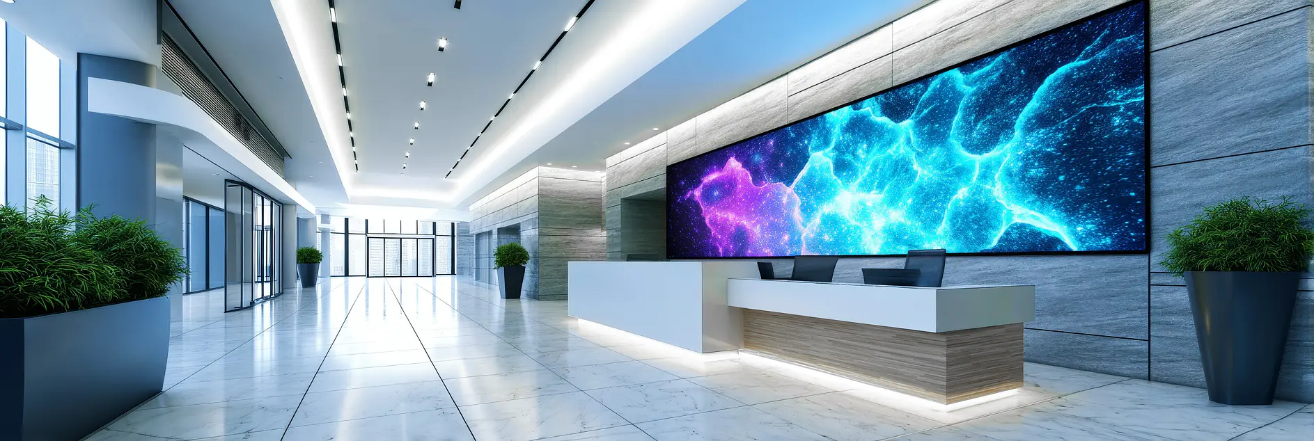 modern office lobby with sleek white reception desk, large digital screen displaying blue and purple abstract patterns, and potted plants