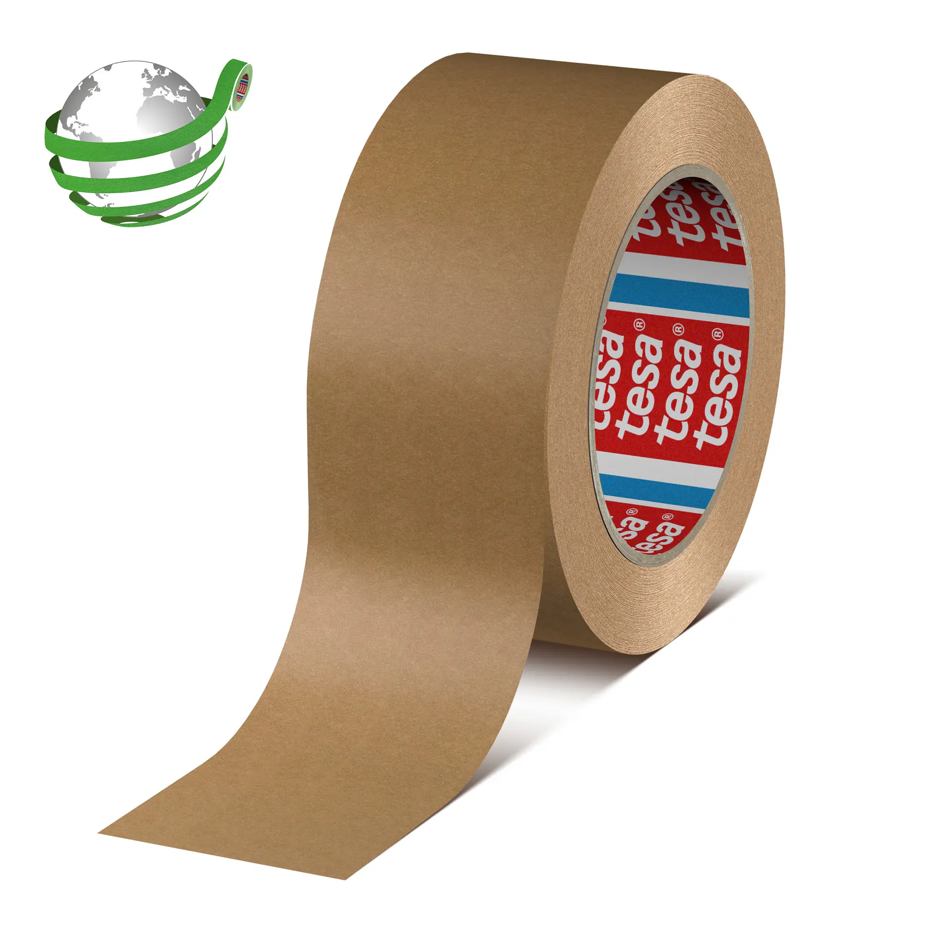 带有 tesa 品牌标识内芯的棕色胶带卷，白色背景隔离 (This text has been generated by AI)