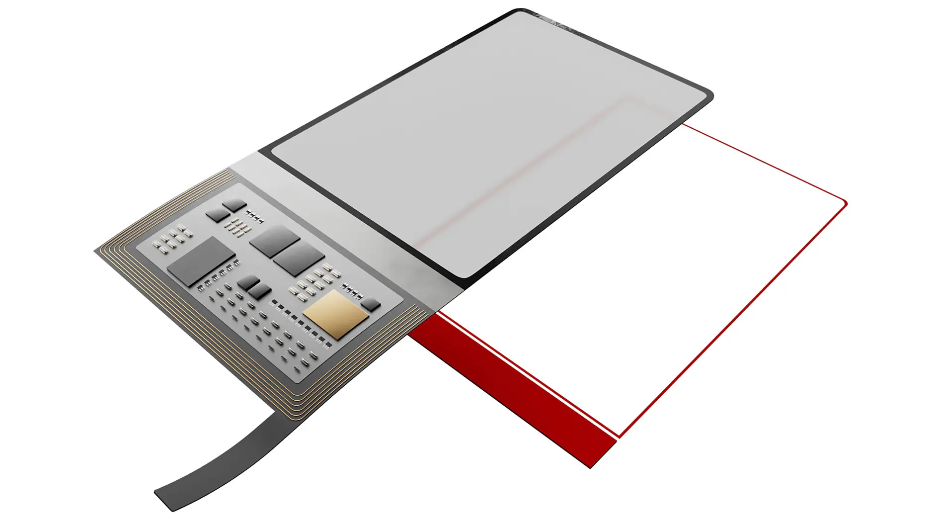 Diagram showing the components of an e-paper display. Includes a flexible display layer, wiring, and a control circuit with various microchips. The components are arranged to illustrate their assembly using tesa tape.