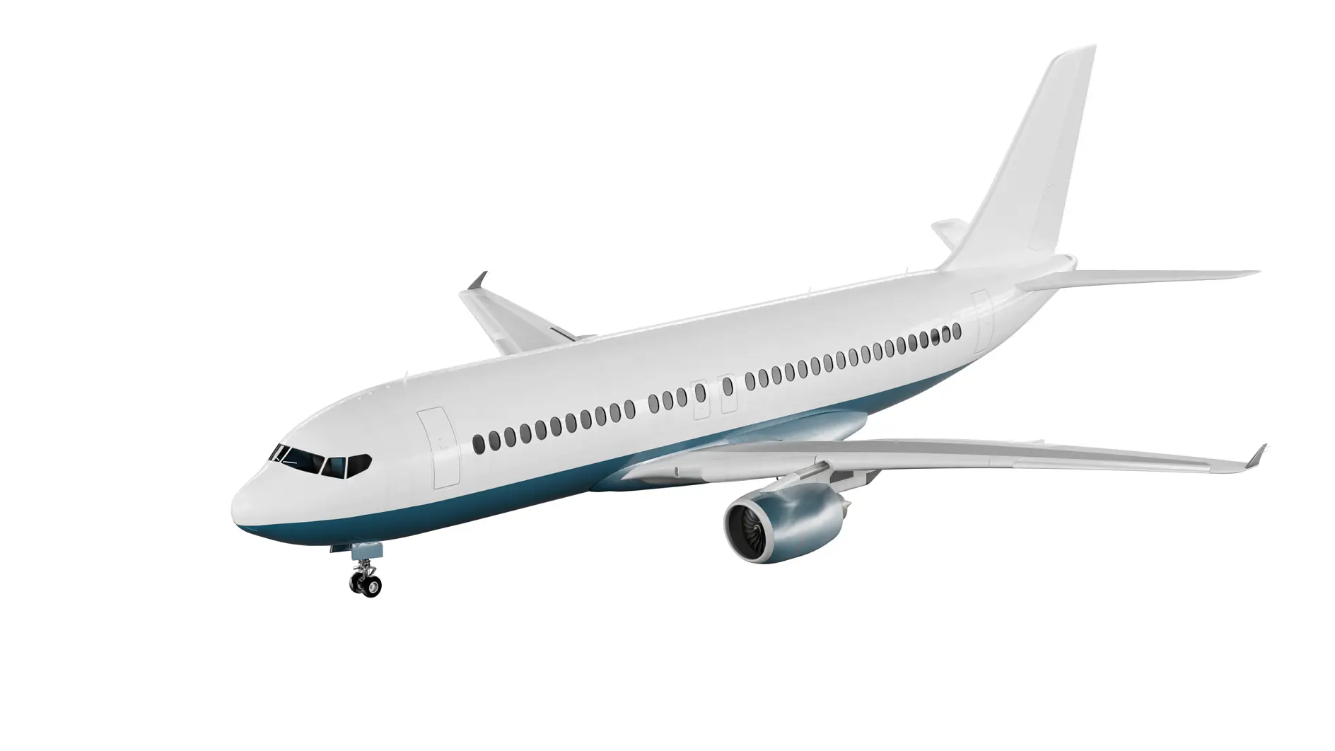 White commercial airplane with blue stripe flying against a white background, showing landing gear and engines. tesa (This text has been generated by AI)