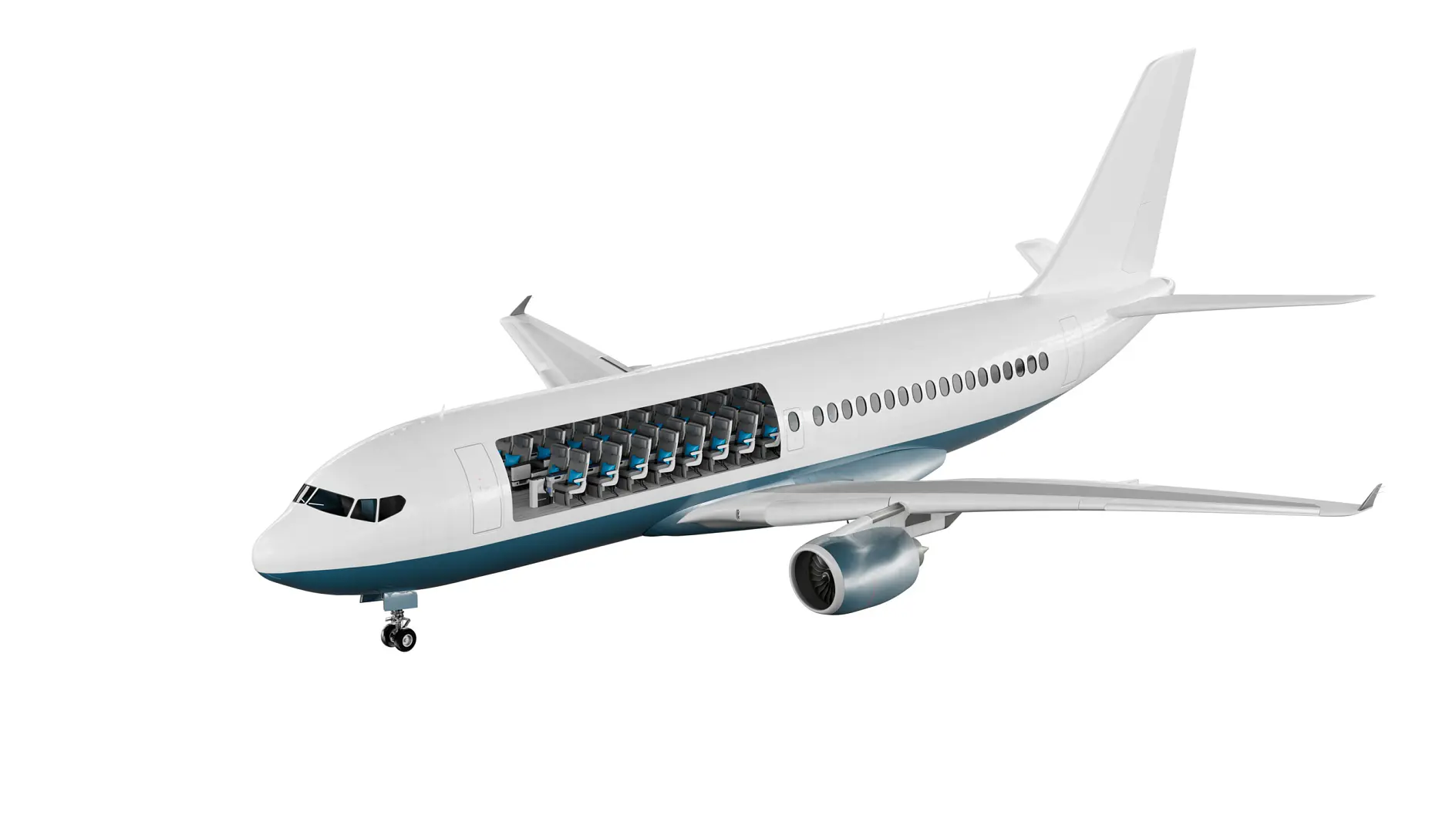 Commercial airplane with a transparent side showing multiple rows of passenger seats inside, isolated on white background. (This text has been generated by AI)